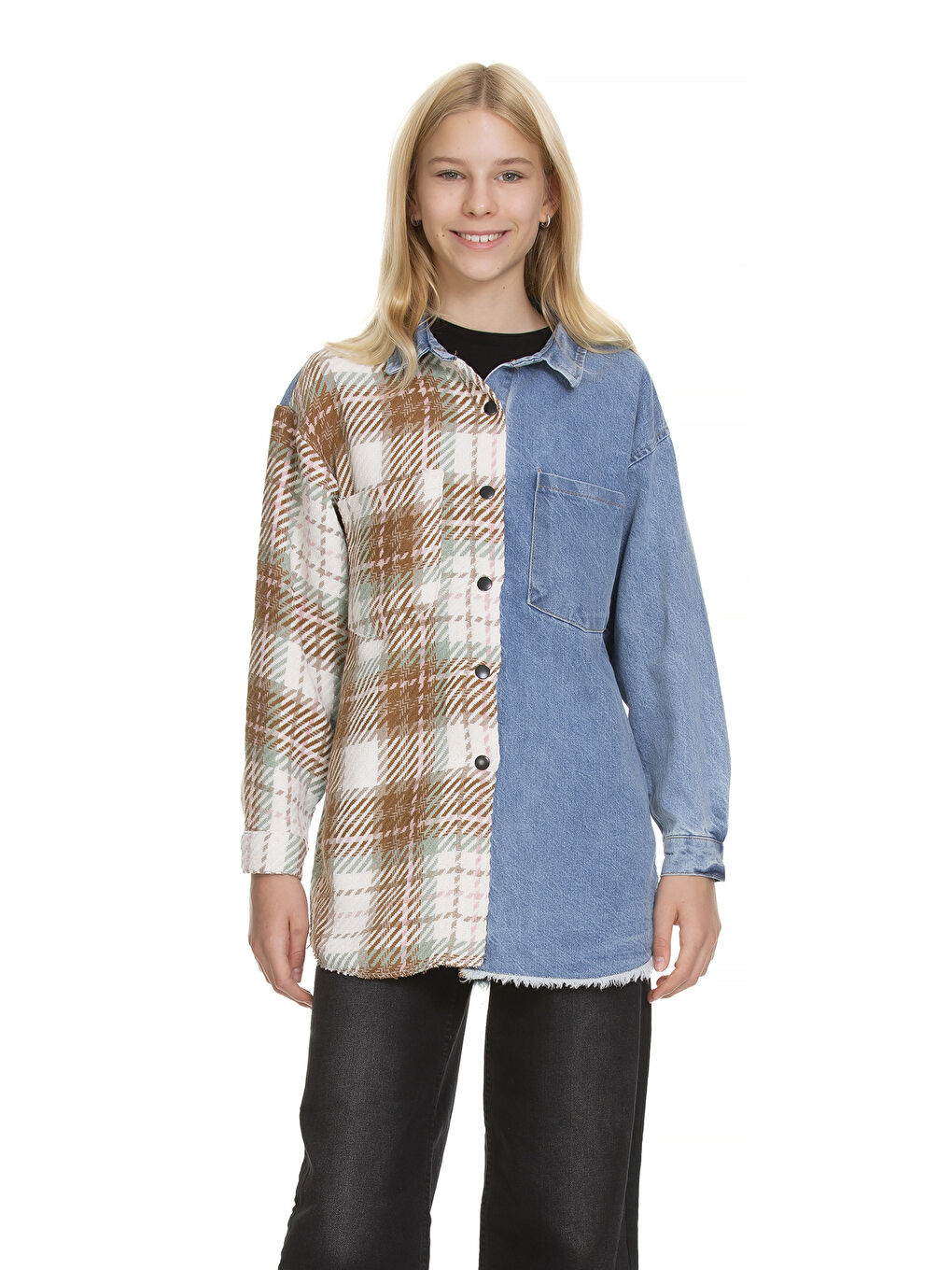 Ekru Kız Çocuk Garnili Jean Gömlek Px561-2