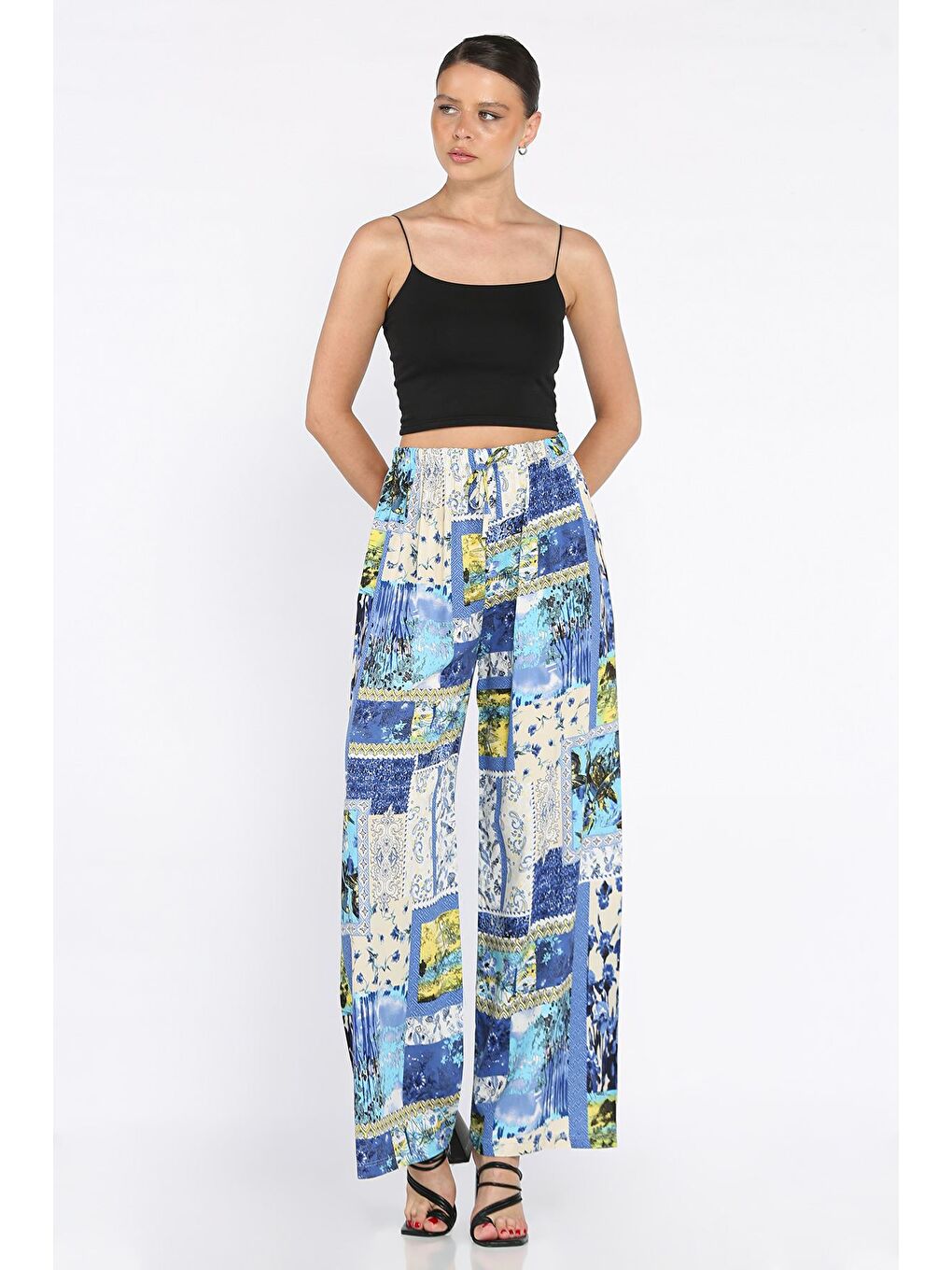 Mavi Kadın Bel Lastikli Etnik Desenli Büyük Beden Viskon Yürüyüş Pantolonu-1