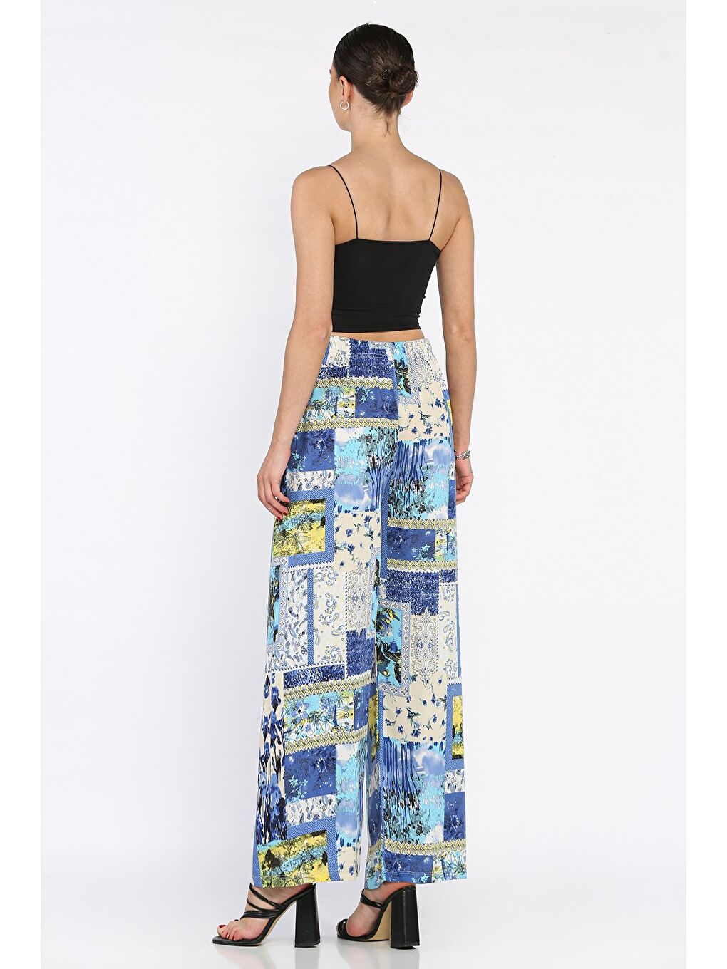 Mavi Kadın Bel Lastikli Etnik Desenli Büyük Beden Viskon Yürüyüş Pantolonu-2