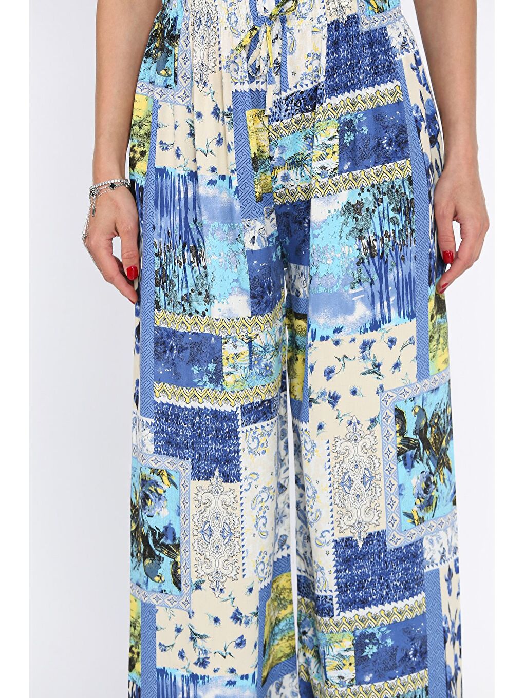 Mavi Kadın Bel Lastikli Etnik Desenli Büyük Beden Viskon Yürüyüş Pantolonu-3