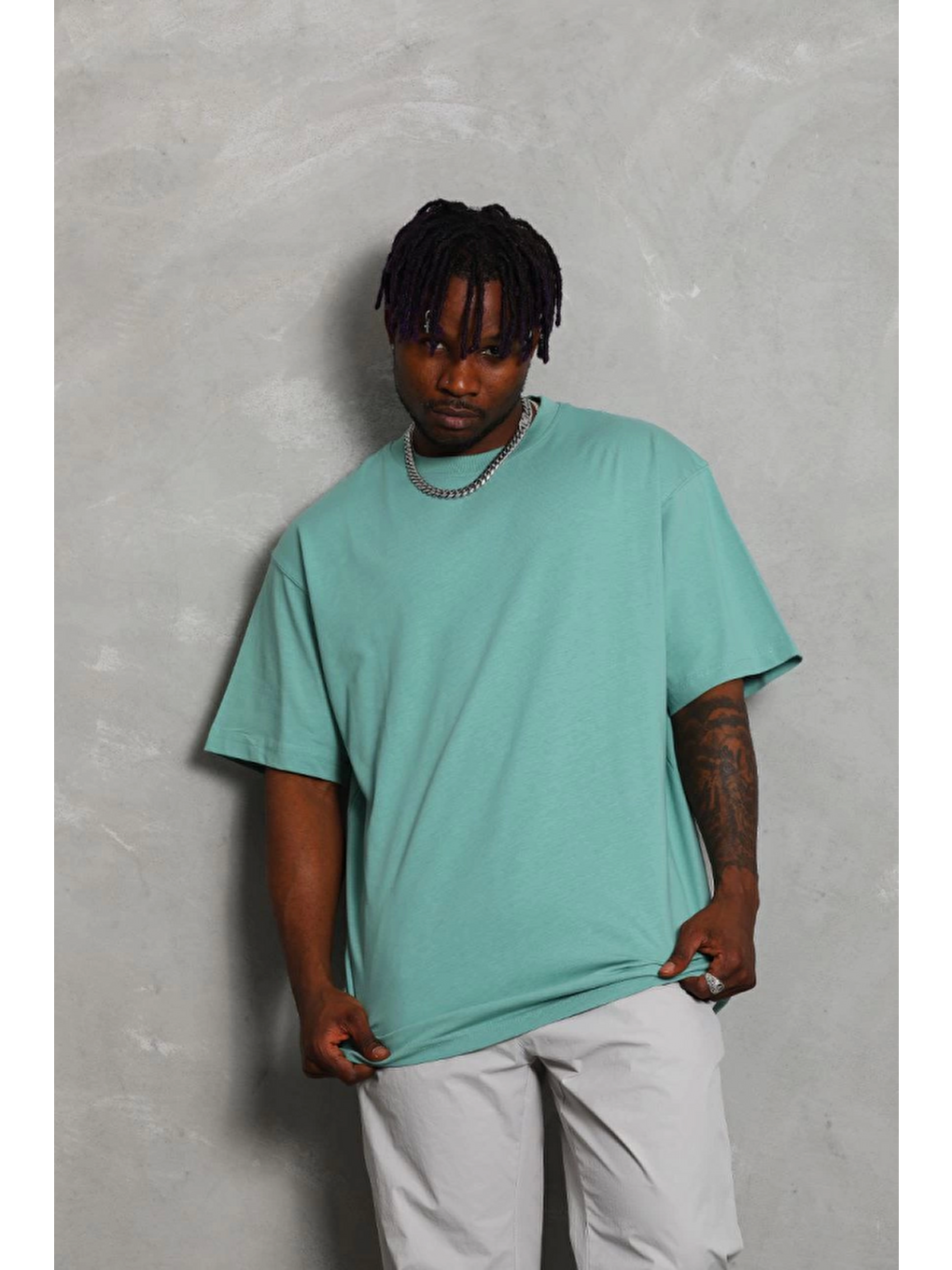 Unisex Oversize Düz Bisiklet Yaka T-shirt - Mint Yeşili-2