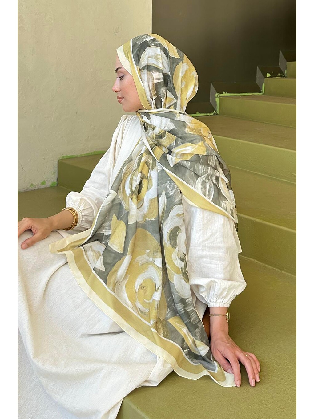 Çiçek Desen Pamuk Şal Sarı-3