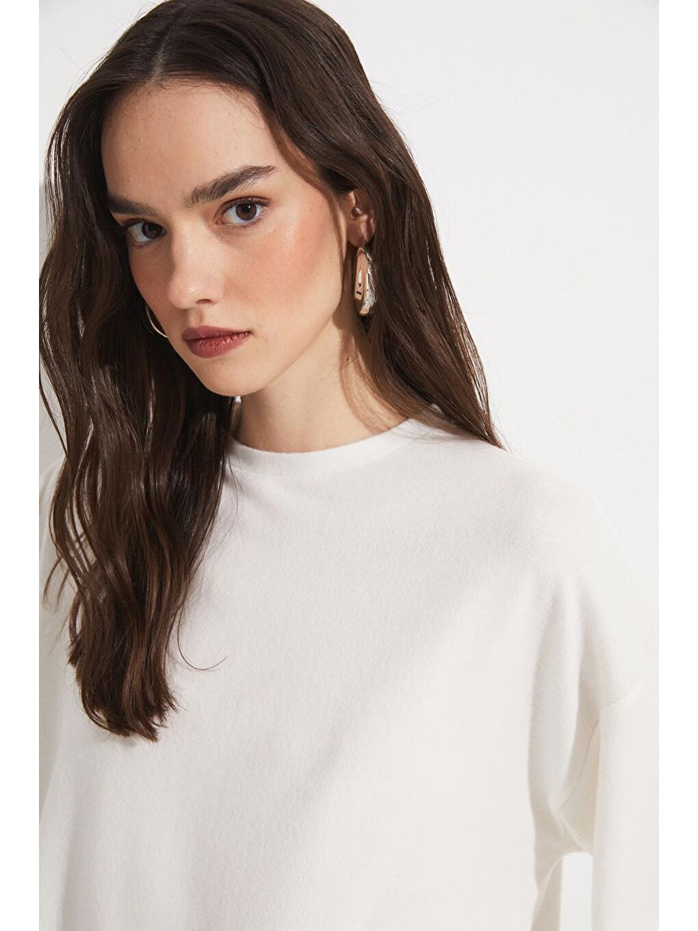 Ekru Sim Detaylı Örme Kumaş Bluz-2