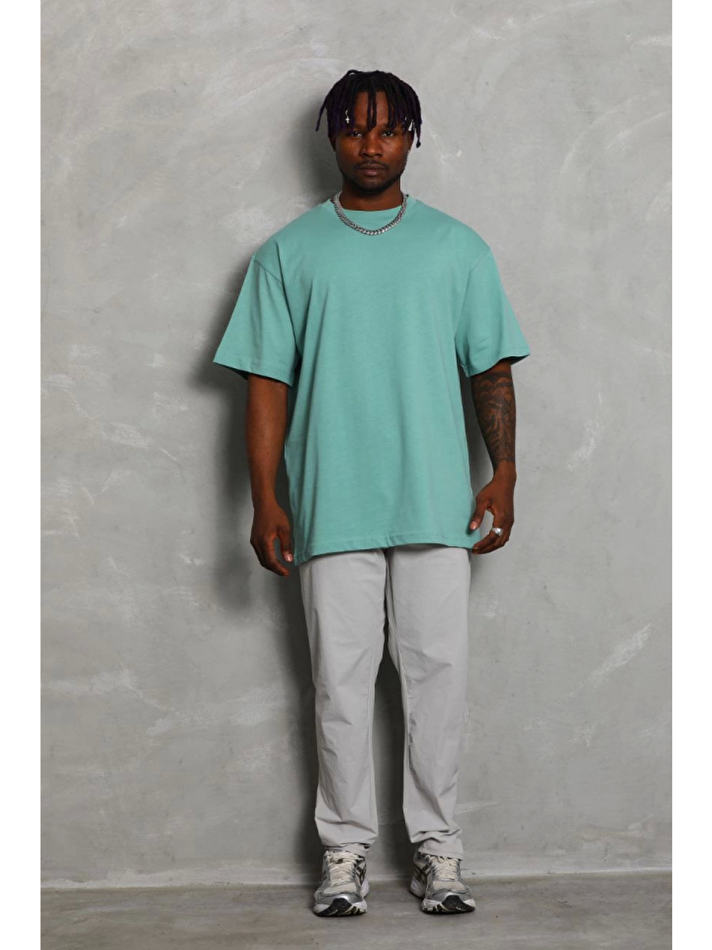 Unisex Oversize Düz Bisiklet Yaka T-shirt - Mint Yeşili-3