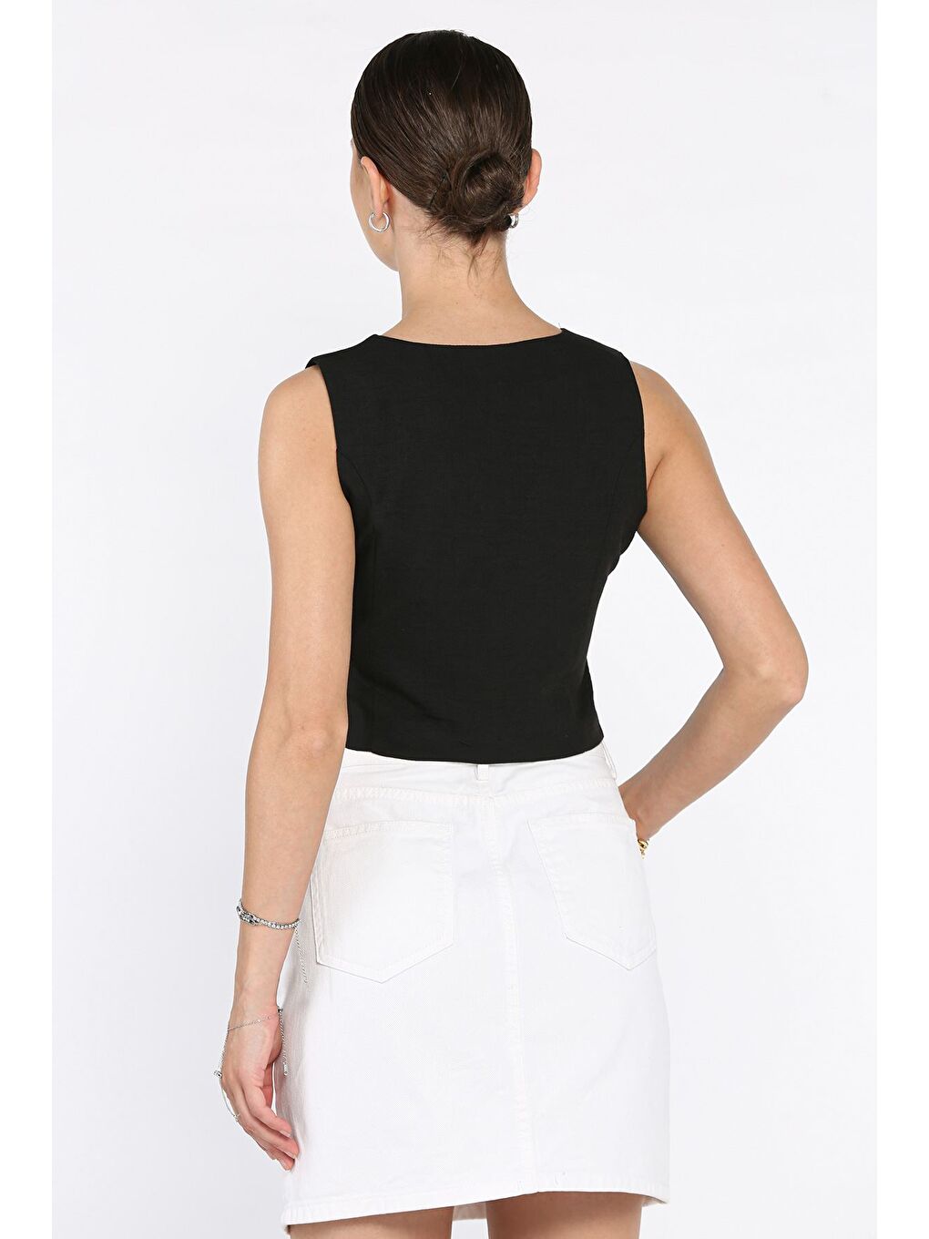 Siyah Kadın Ön Bağlamalı Astarlı Keten Yelek-3