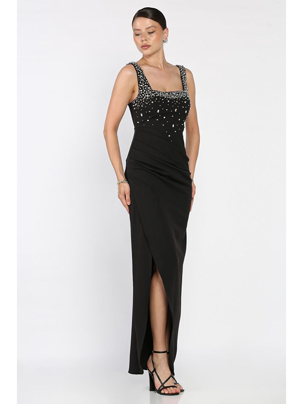 Siyah Kadın Taşlı Drapeli Abiye Elbise-1