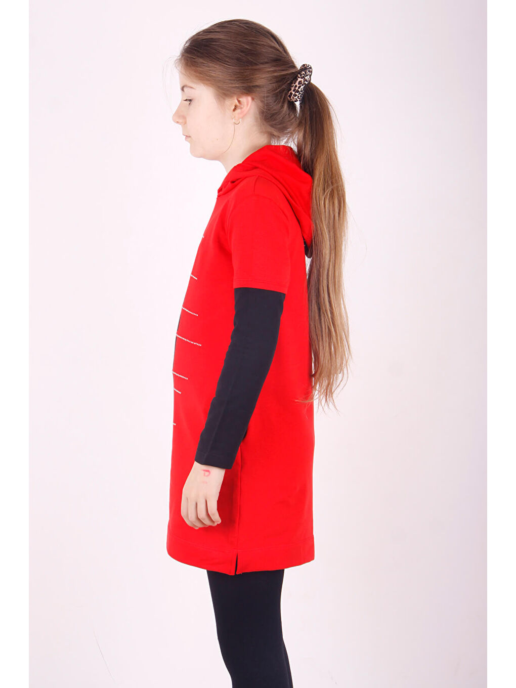 Kırmızı Kız Çocuk Bestie Baskılı Kapüşonlu Elbise-1