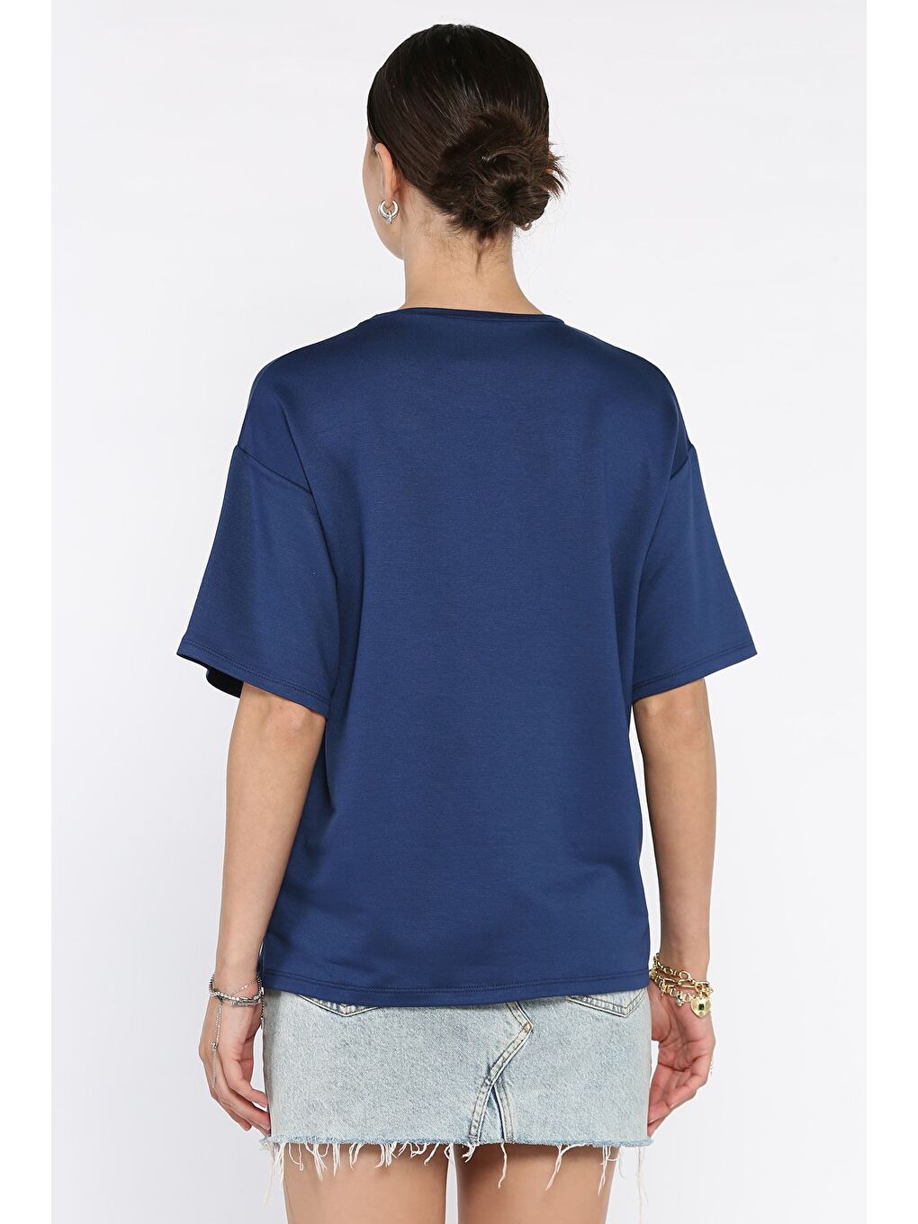 Lacivert Kadın V Yaka Basic Tişört-2