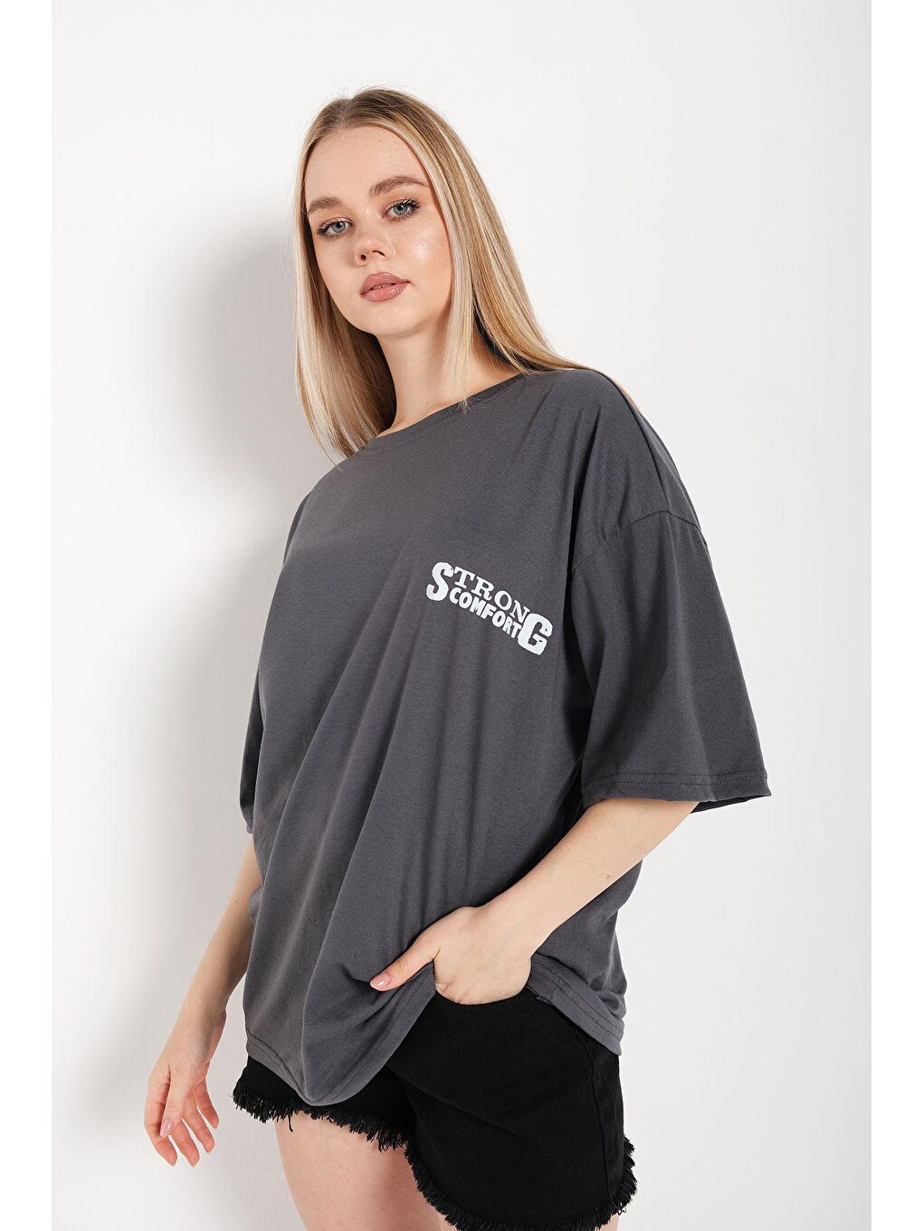 Trendseninle Füme Kadın Füme Strong Comfort Oversize Tişört - 1