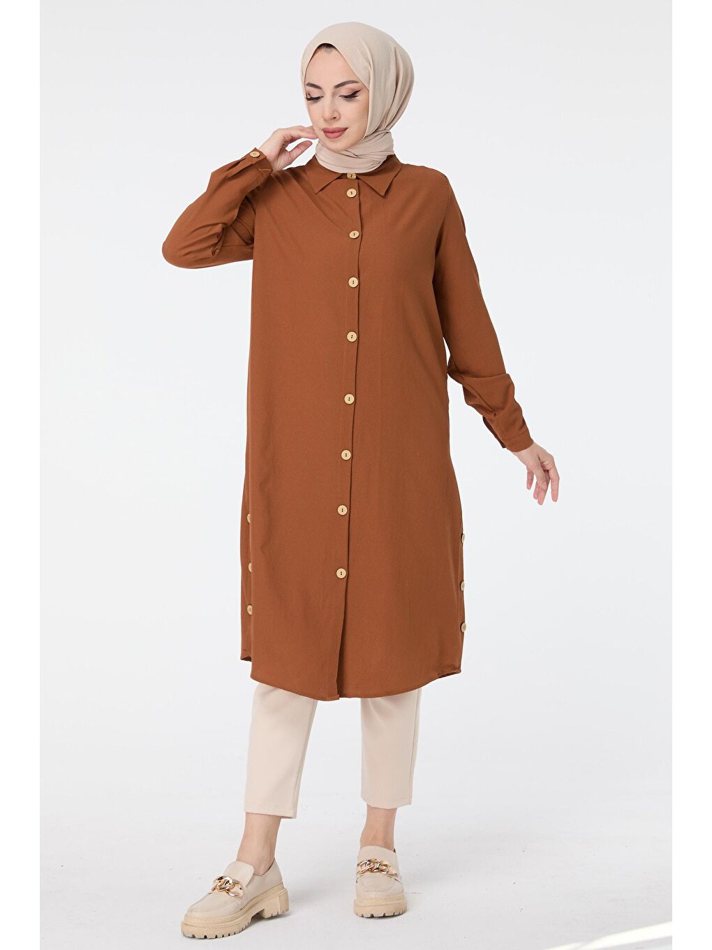 Kahverengi Gömlek Yaka Kadın Taba Tunik - 13016-1