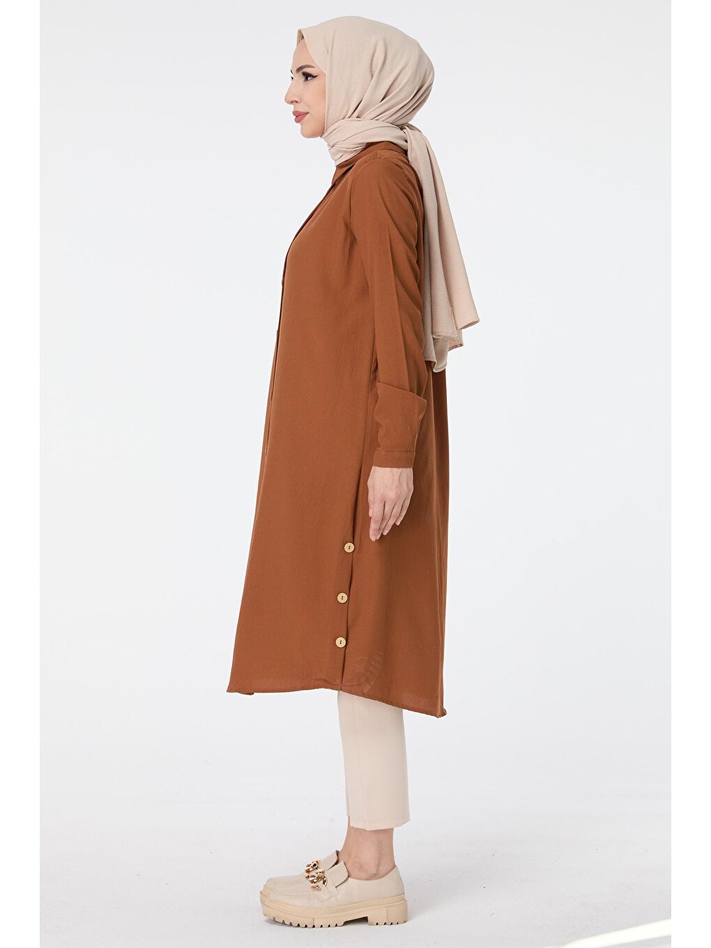 Kahverengi Gömlek Yaka Kadın Taba Tunik - 13016-2