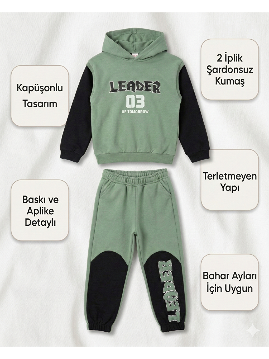 Yeşil Erkek Çocuk İki İplik Kumaş Eşofman Takımı-3