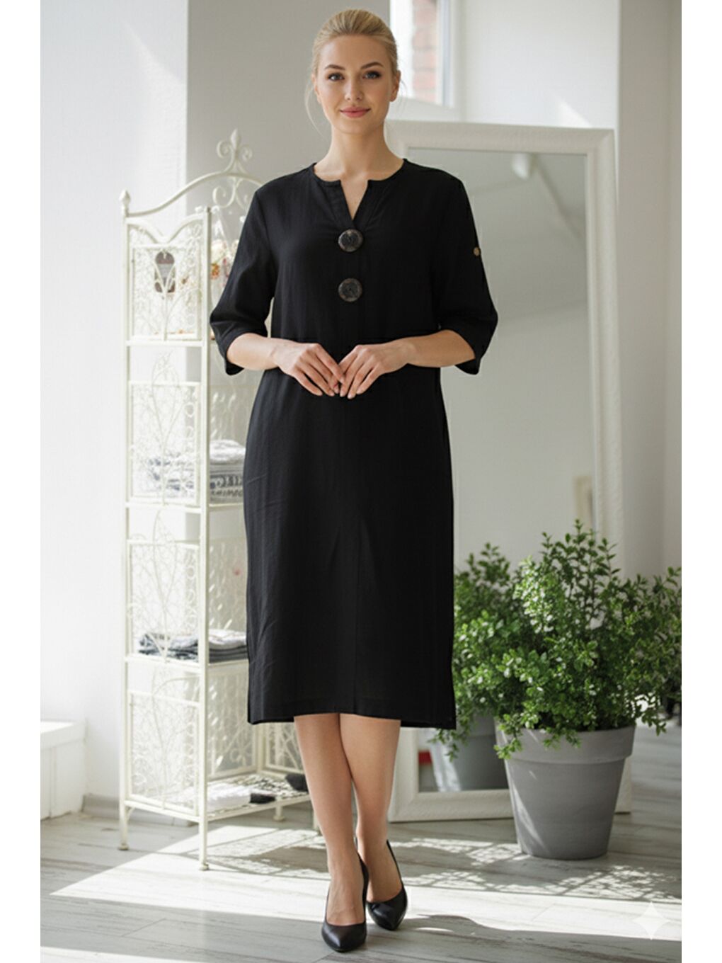 İtalyan Siyah Düğmeli 3/4 Kol Gizli Cepli Yırtmaçlı İnce Fitilli Kadife Uzun Dokuma Elbise 120 55-1