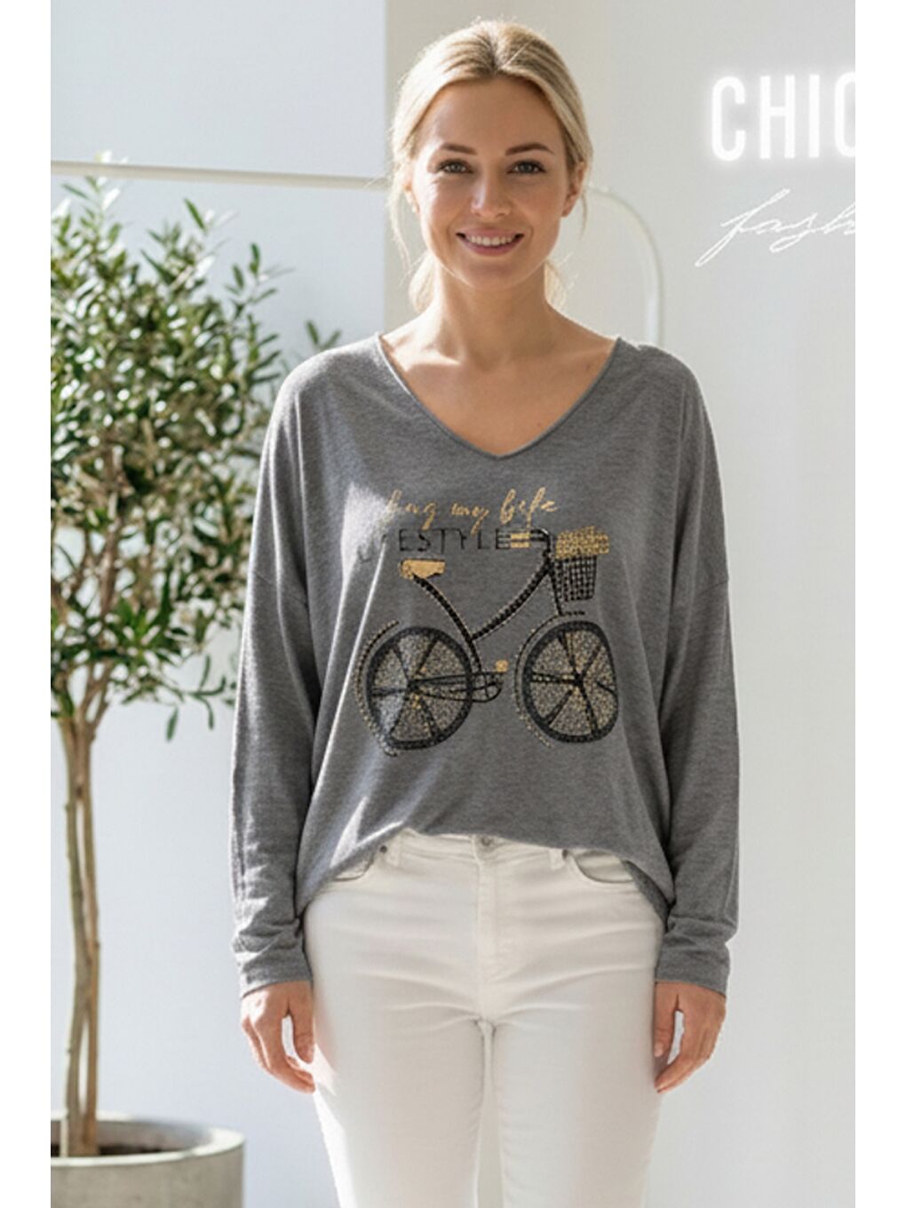 İtalyan Antrasit V Yaka Uzun Kol Baskılı Casual Akrilik Oversize Triko Bluz 68 70