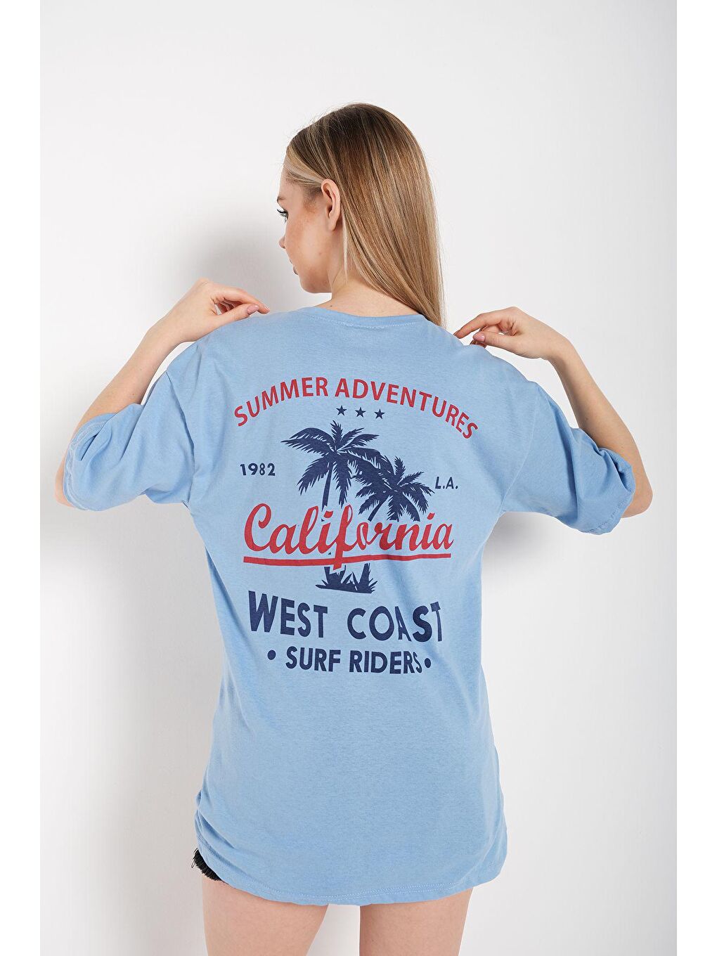 Kadın Bebe Mavisi Oversize California Baskılı Tişört-2