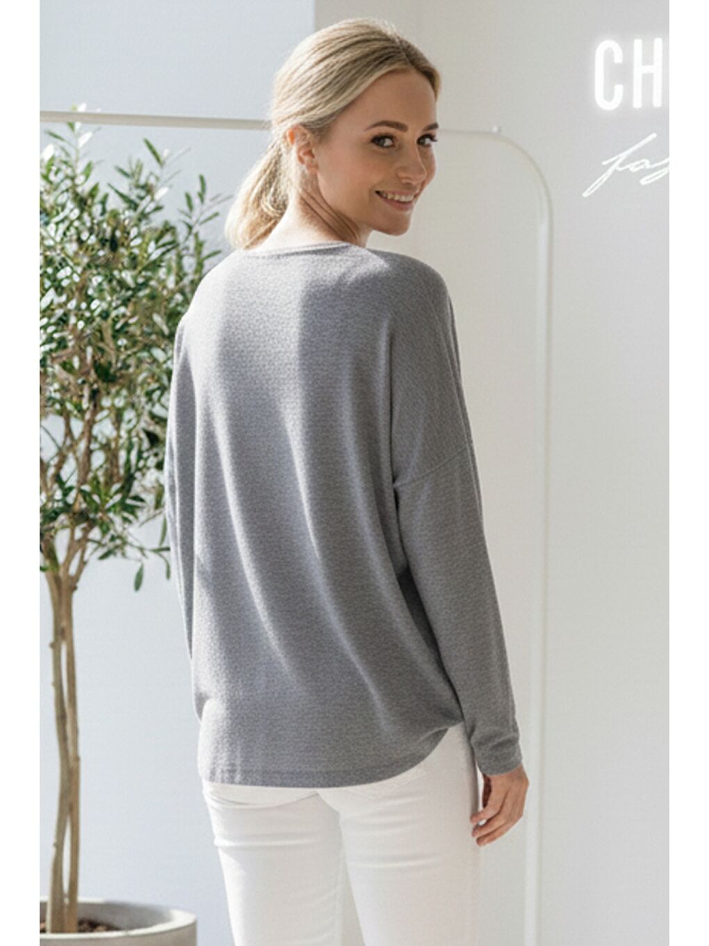 İtalyan Antrasit V Yaka Uzun Kol Baskılı Casual Akrilik Oversize Triko Bluz 68 70-2