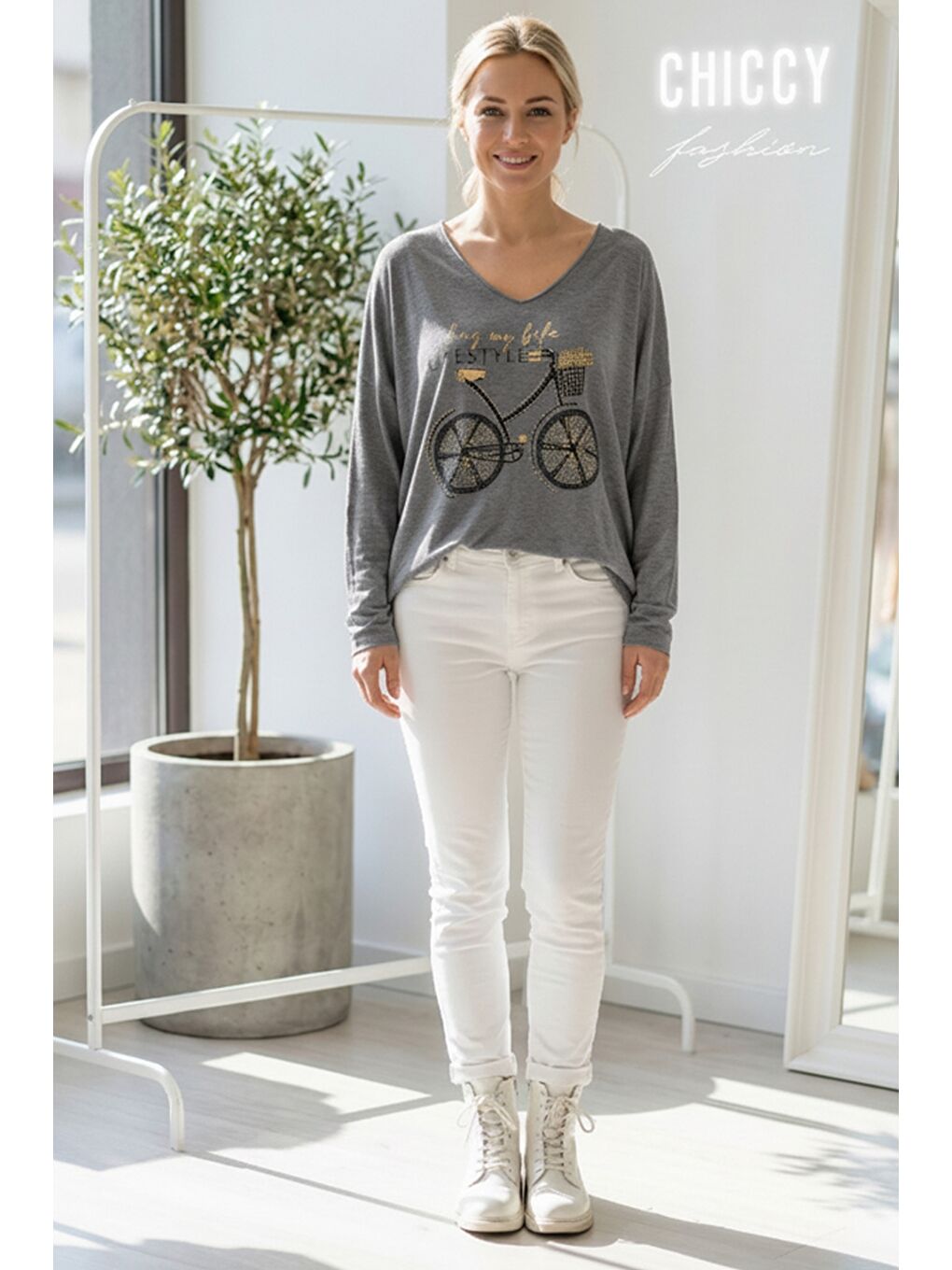 İtalyan Antrasit V Yaka Uzun Kol Baskılı Casual Akrilik Oversize Triko Bluz 68 70-3