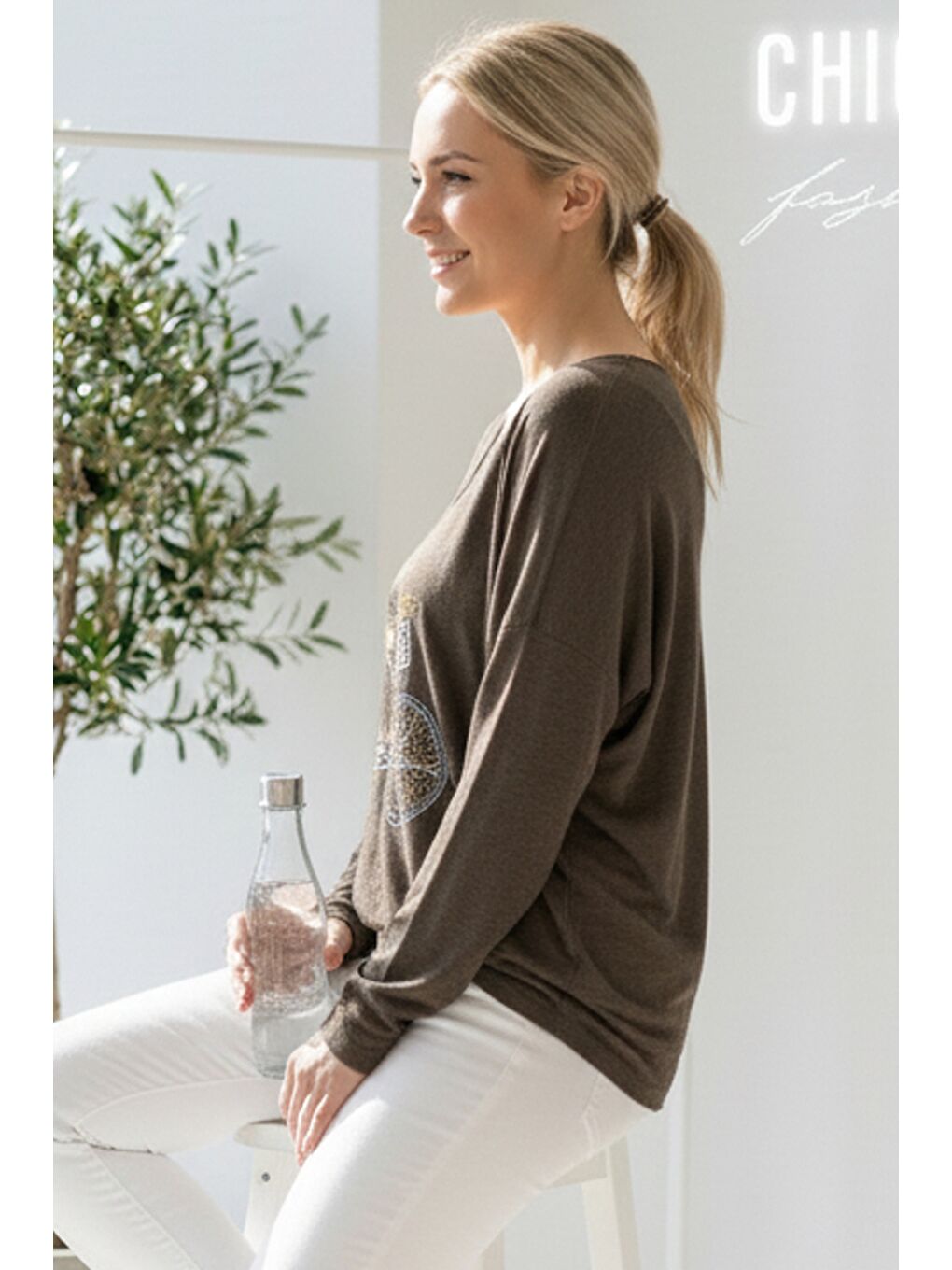 İtalyan Kahverengi V Yaka Uzun Kol Baskılı Casual Akrilik Oversize Triko Bluz 68 70-1