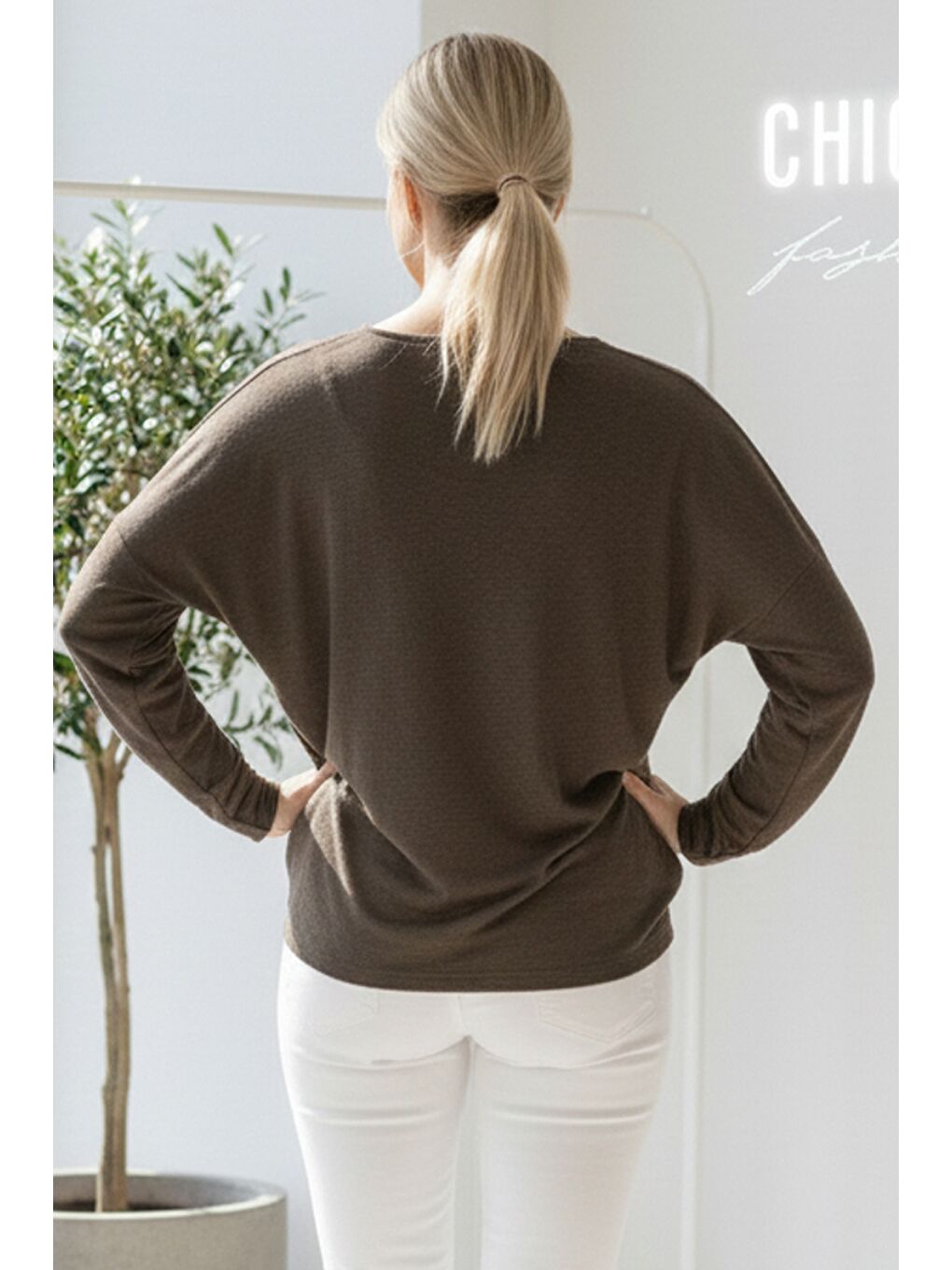 İtalyan Kahverengi V Yaka Uzun Kol Baskılı Casual Akrilik Oversize Triko Bluz 68 70-2