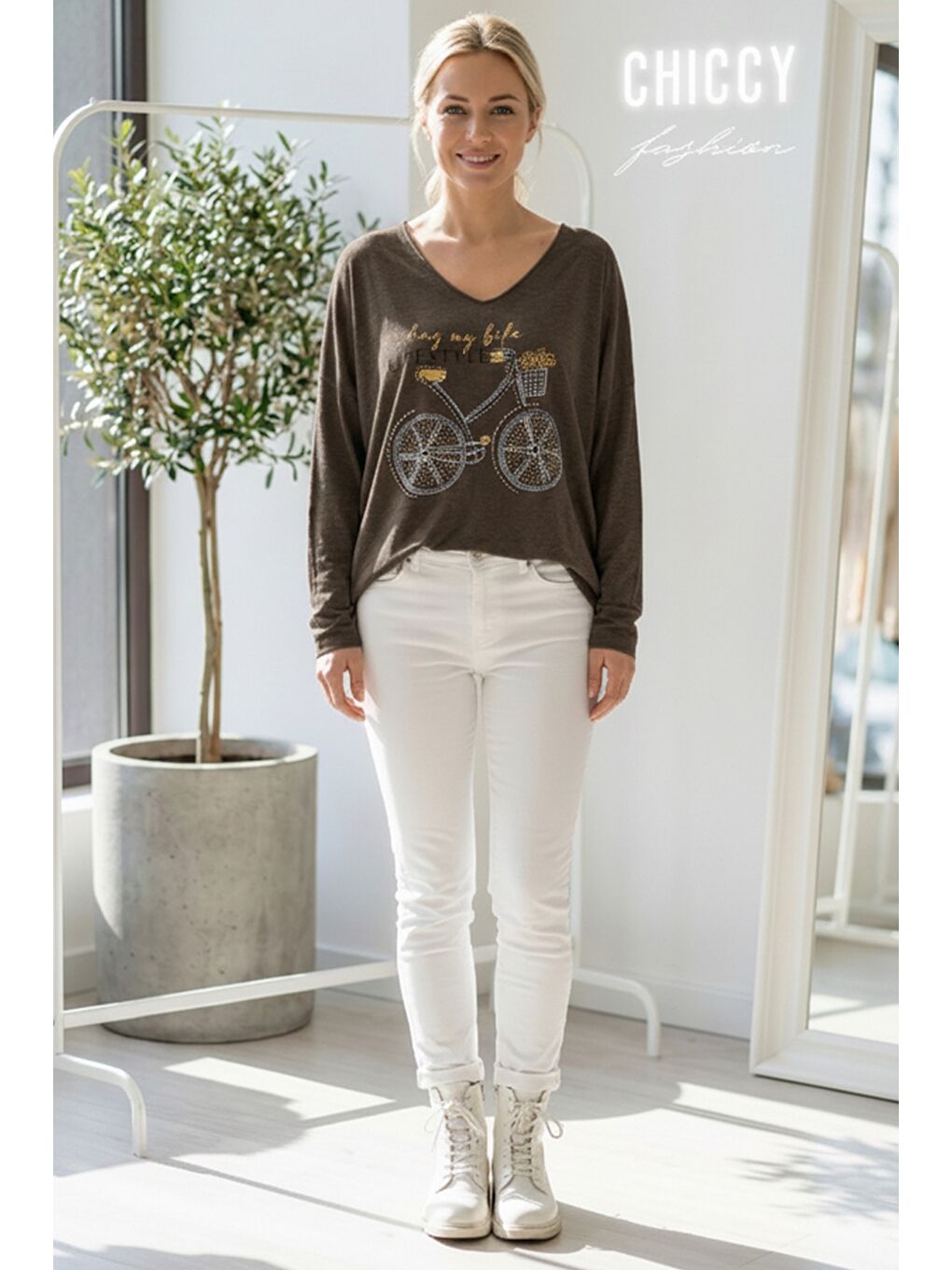 İtalyan Kahverengi V Yaka Uzun Kol Baskılı Casual Akrilik Oversize Triko Bluz 68 70-3