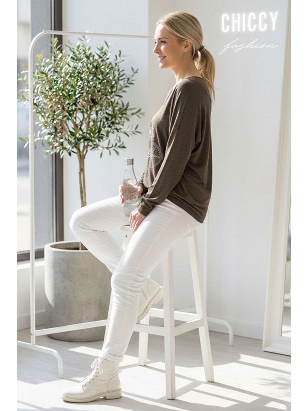 İtalyan Kahverengi V Yaka Uzun Kol Baskılı Casual Akrilik Oversize Triko Bluz 68 70-5