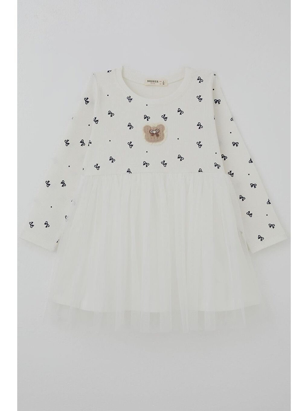 Kız Çocuk Uzun Kollu Elibise Fiyonk Desenli Aplike Arma Detaylı Ekru (2-6 Yaş)
