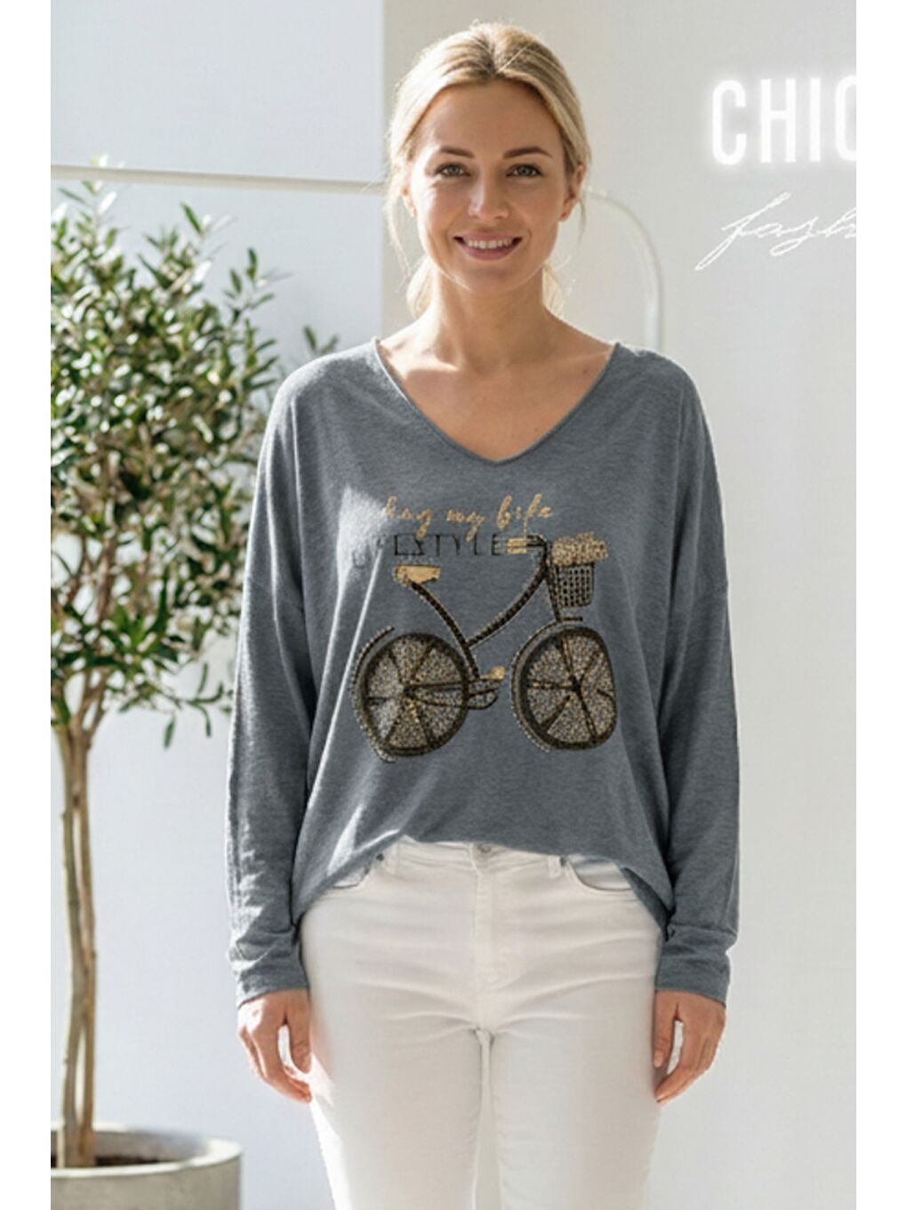 İtalyan Koyu Gri V Yaka Uzun Kol Baskılı Casual Akrilik Oversize Triko Bluz 68 70