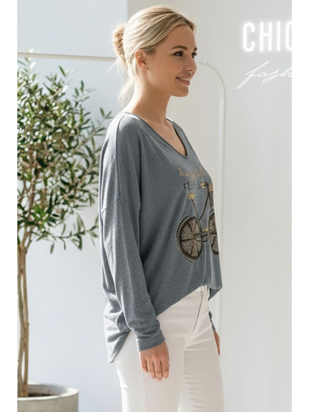 İtalyan Koyu Gri V Yaka Uzun Kol Baskılı Casual Akrilik Oversize Triko Bluz 68 70-1