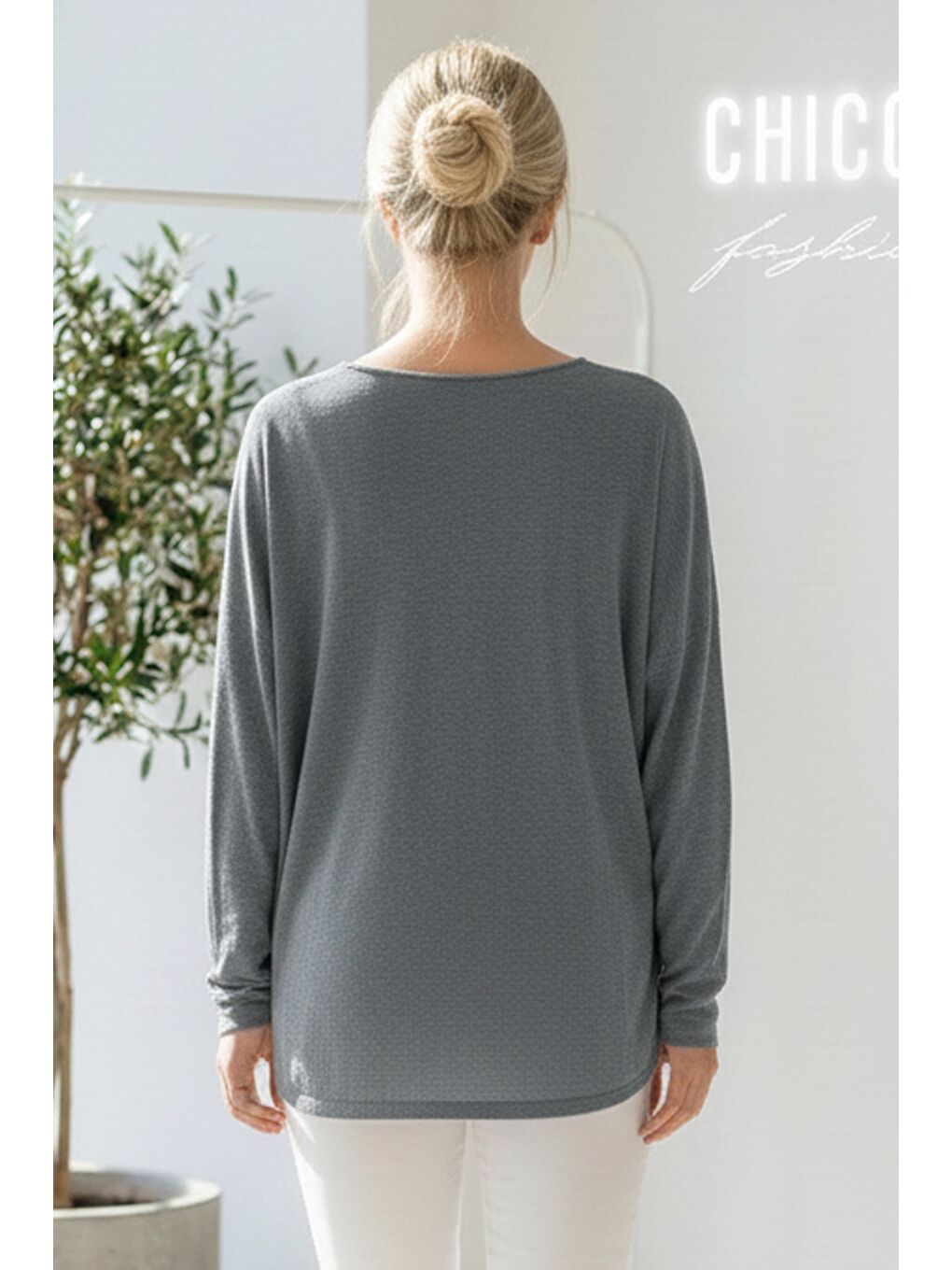 İtalyan Koyu Gri V Yaka Uzun Kol Baskılı Casual Akrilik Oversize Triko Bluz 68 70-2