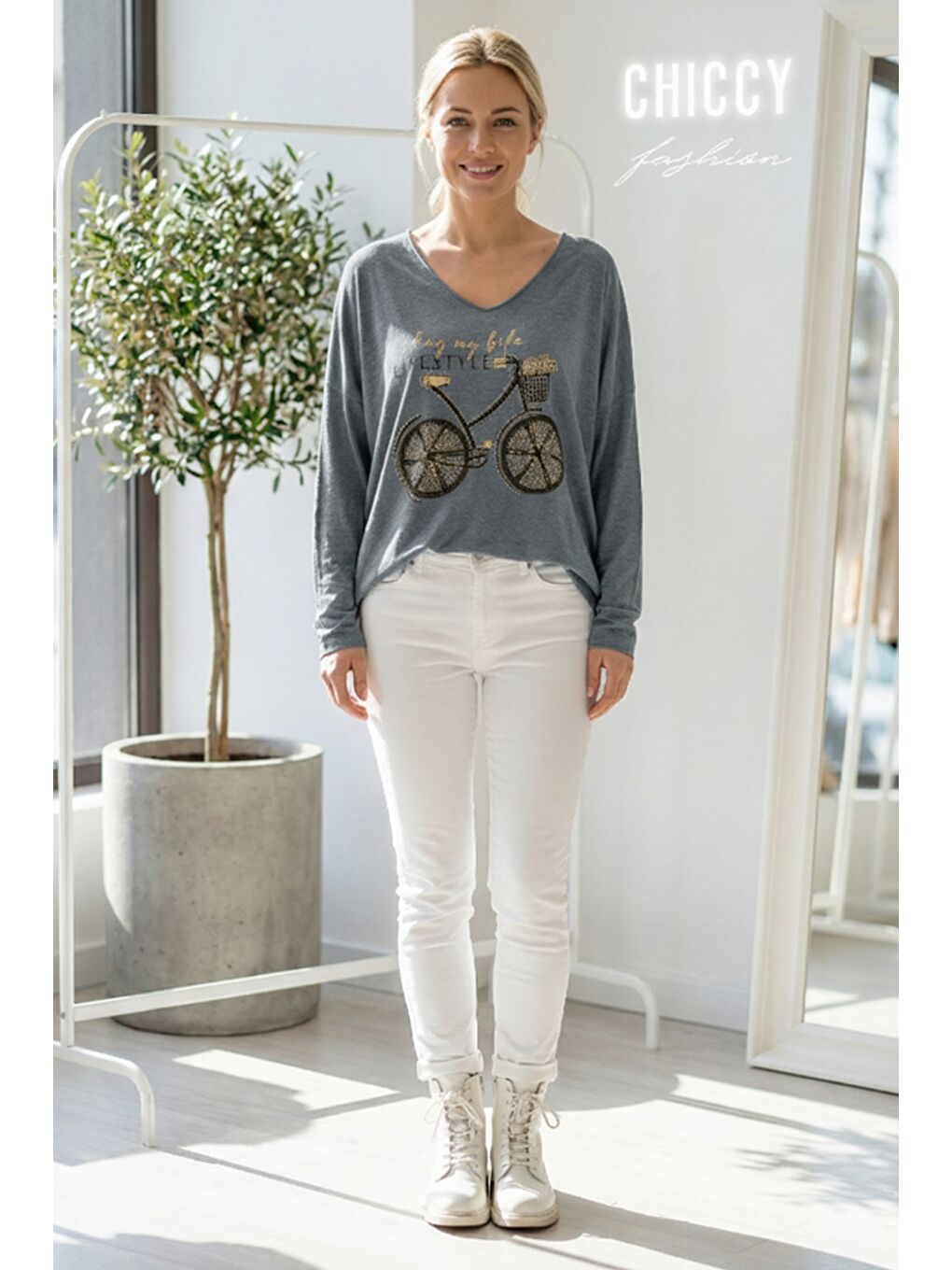 İtalyan Koyu Gri V Yaka Uzun Kol Baskılı Casual Akrilik Oversize Triko Bluz 68 70-3