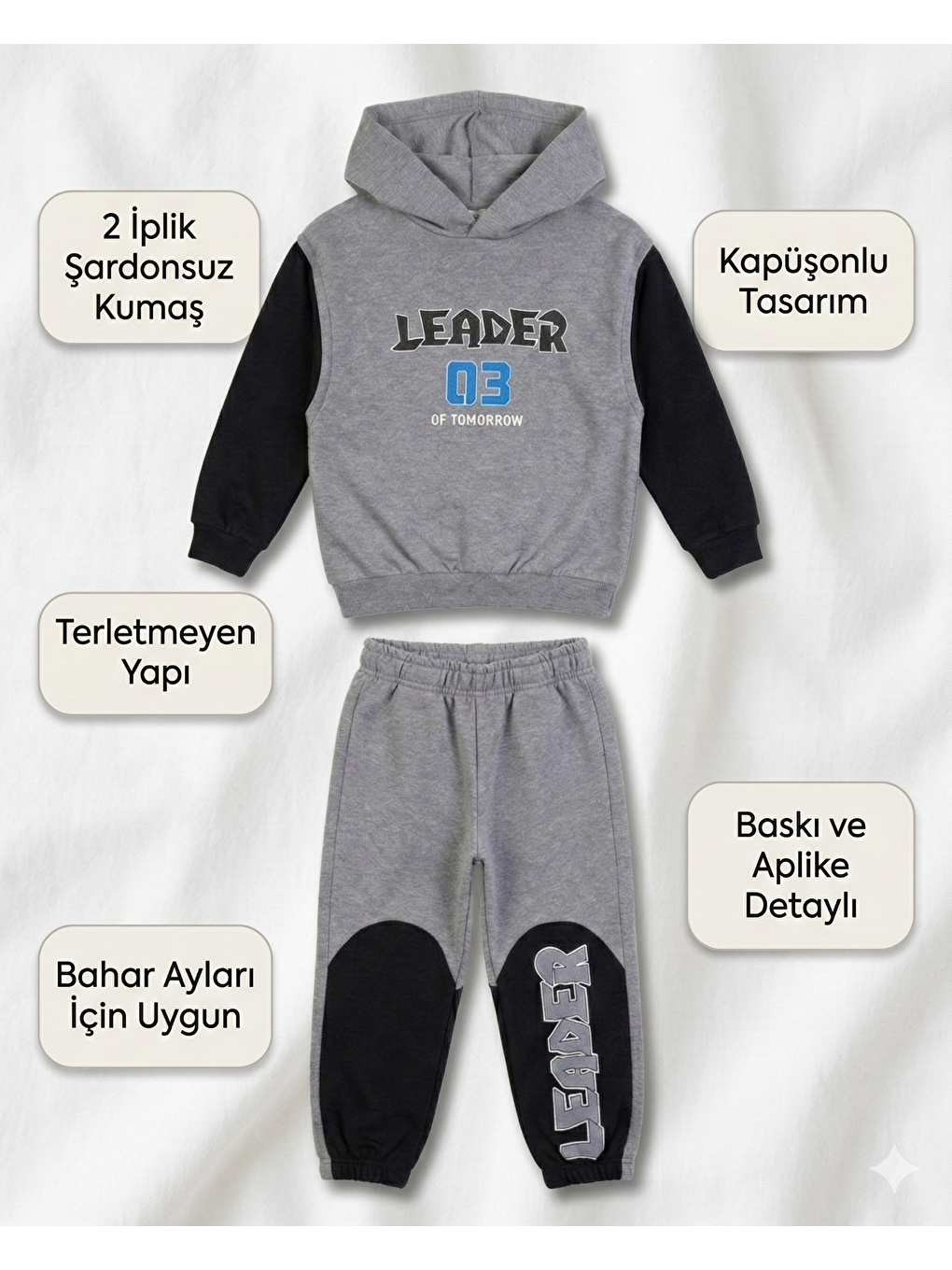 Gri Erkek Çocuk İki İplik Kumaş Eşofman Takımı-3