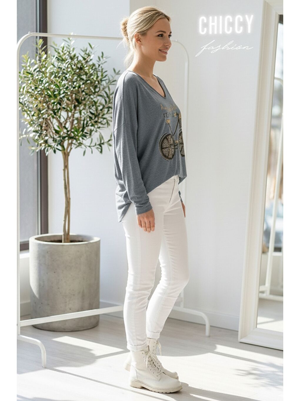 İtalyan Koyu Gri V Yaka Uzun Kol Baskılı Casual Akrilik Oversize Triko Bluz 68 70-4