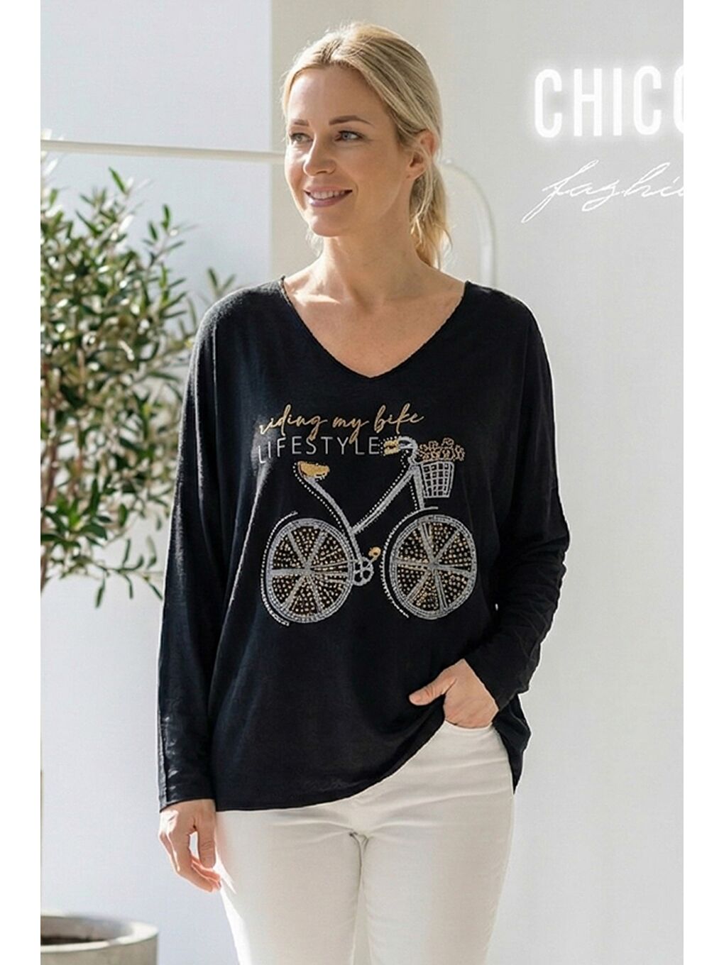 İtalyan Siyah V Yaka Uzun Kol Baskılı Casual Akrilik Oversize Triko Bluz 68 70