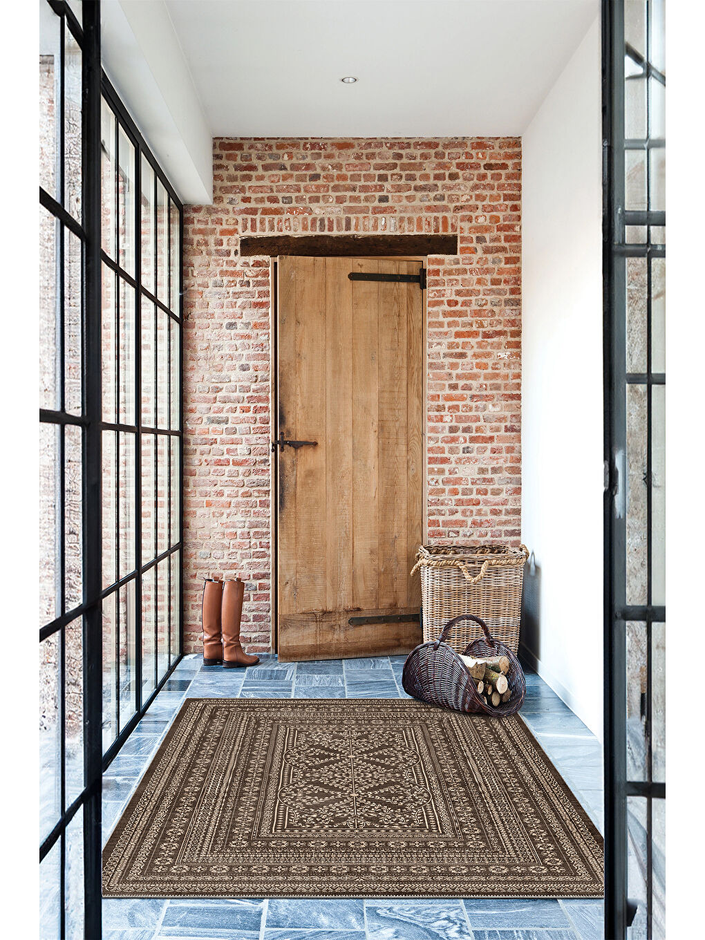 Kahverengi Dekoratif Salon Halısı, Makinada Yıkanabilir, Kaymaz Taban, İnce & Modern Tasarım-4