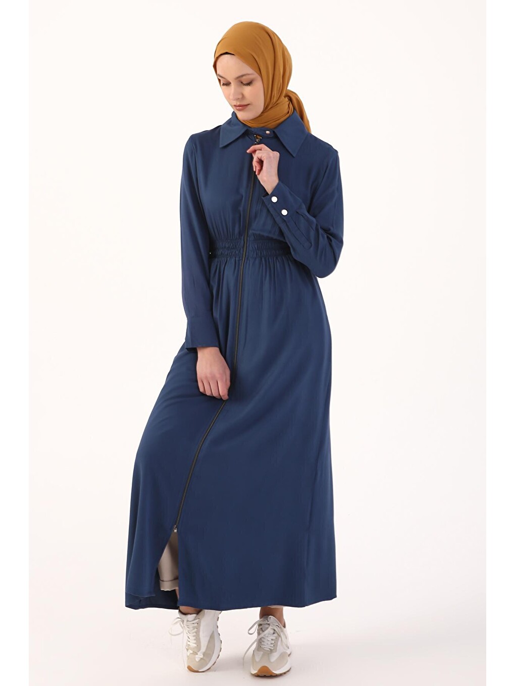 Lacivert Denim Fermuarlı Rahat Kalıp Viskon Ferace