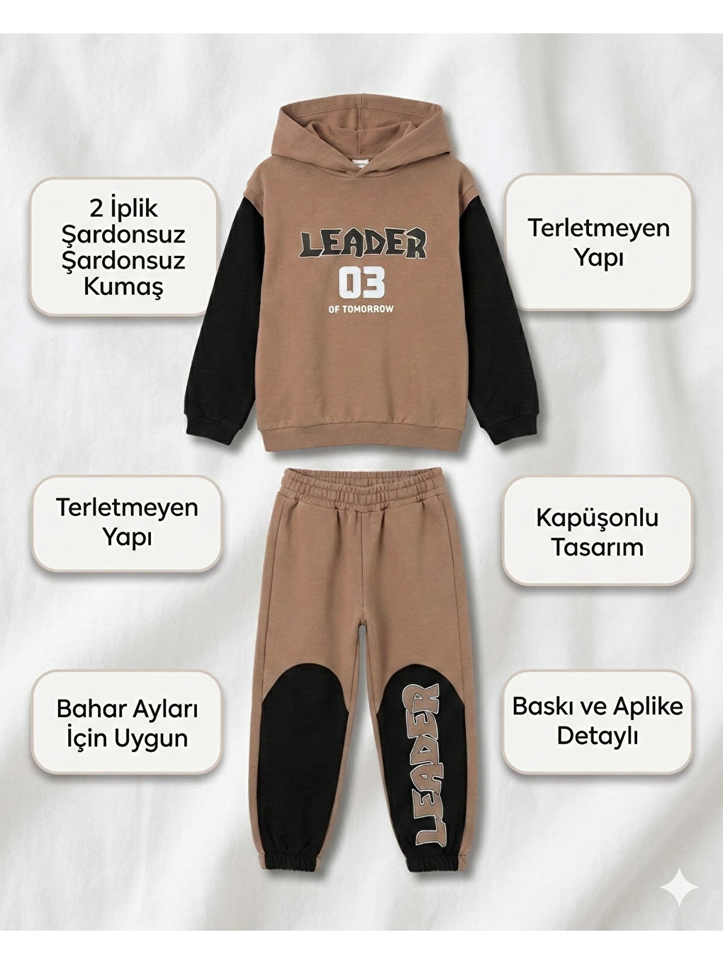 Kahverengi Erkek Çocuk İki İplik Kumaş Eşofman Takımı-3