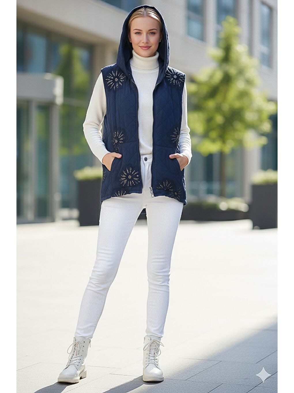 İtalyan Lacivert Kapüşonlu Kolsuz Fermuarlı Kanguru Cepli Pul Payetli Kapitone Dokuma Yelek 67 62-4