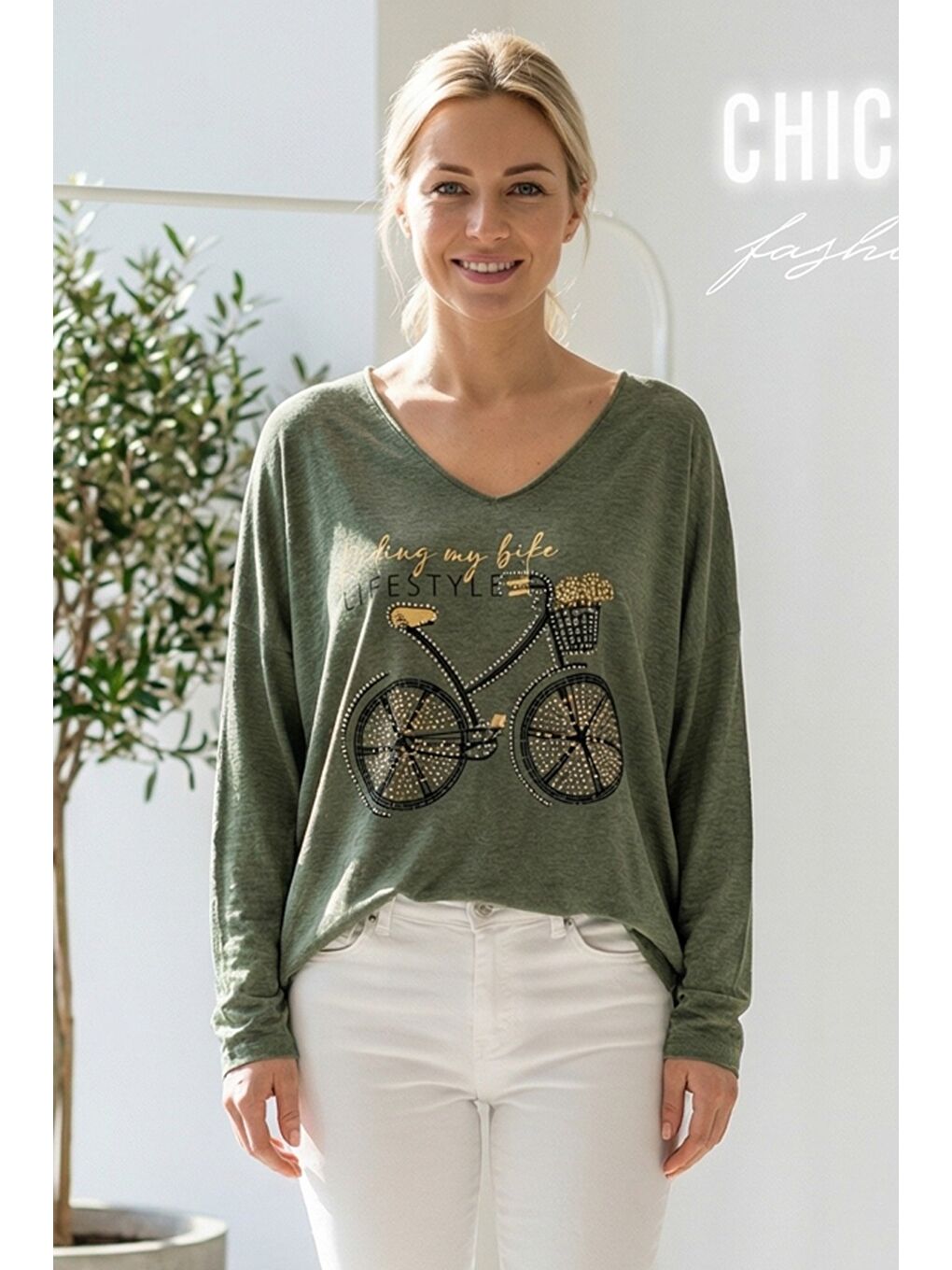 İtalyan Haki V Yaka Uzun Kol Baskılı Casual Akrilik Oversize Triko Bluz 68 70