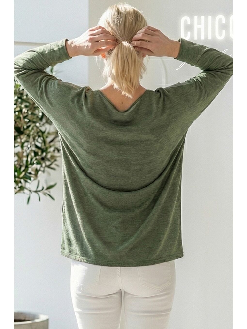 İtalyan Haki V Yaka Uzun Kol Baskılı Casual Akrilik Oversize Triko Bluz 68 70-2