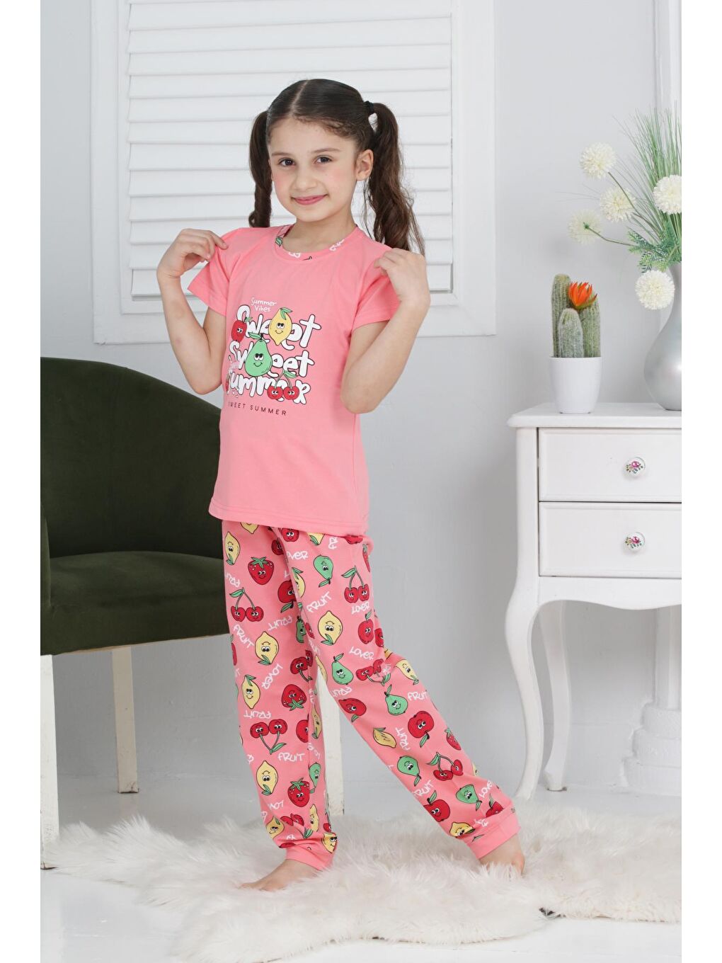 Kapi Kids Pembe-Somon Kız Çocuk Meyve Baskılı Pijama Takımı 3-11 Yaş 6073-74