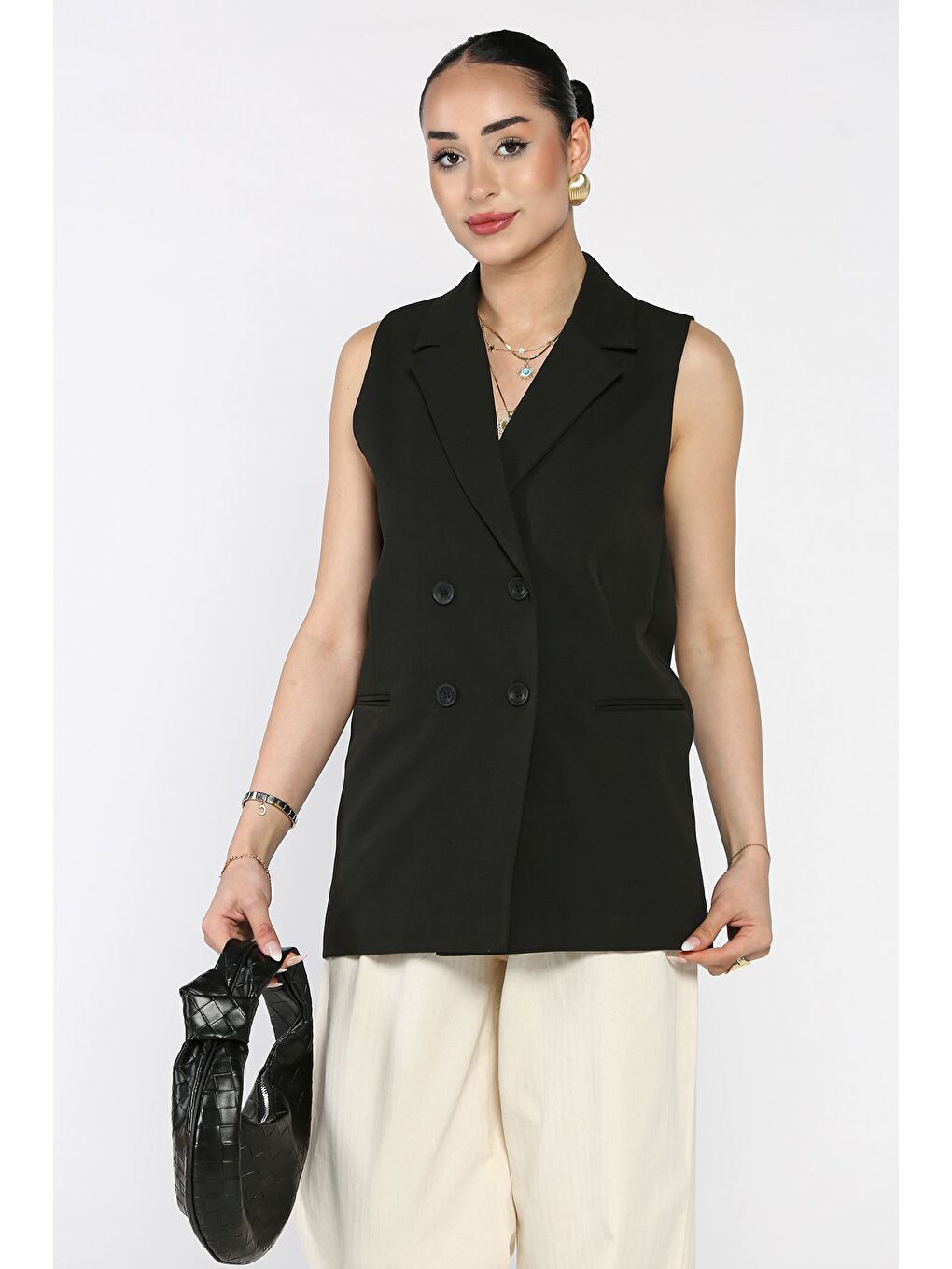 Siyah Kruvaze Yaka Astarlı Kadın Yelek