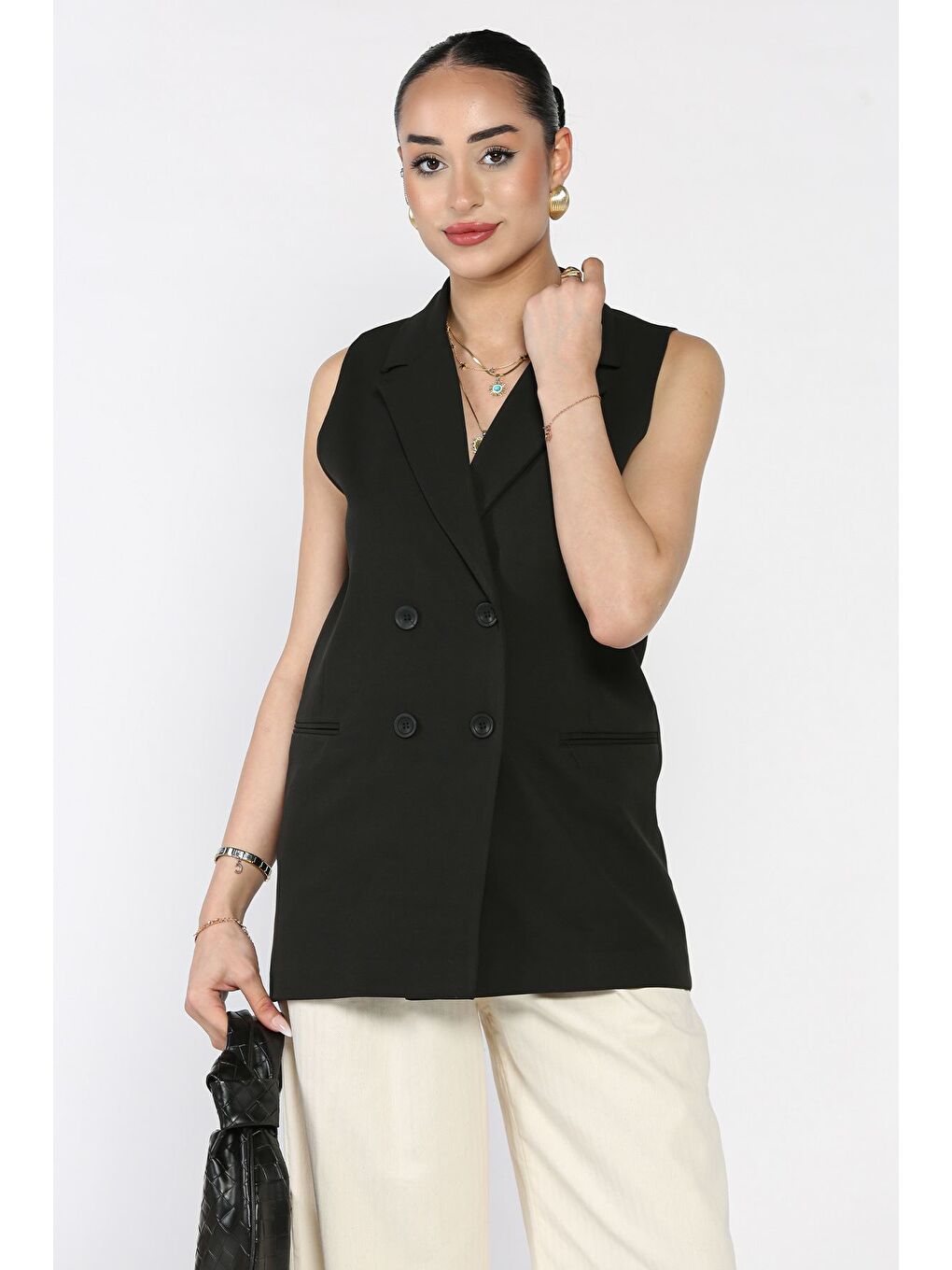 Siyah Kruvaze Yaka Astarlı Kadın Yelek-1