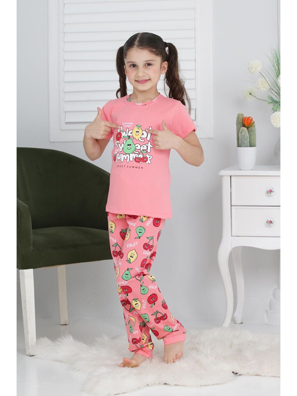 Kapi Kids Pembe-Somon Kız Çocuk Meyve Baskılı Pijama Takımı 3-11 Yaş 6073-74 - 1