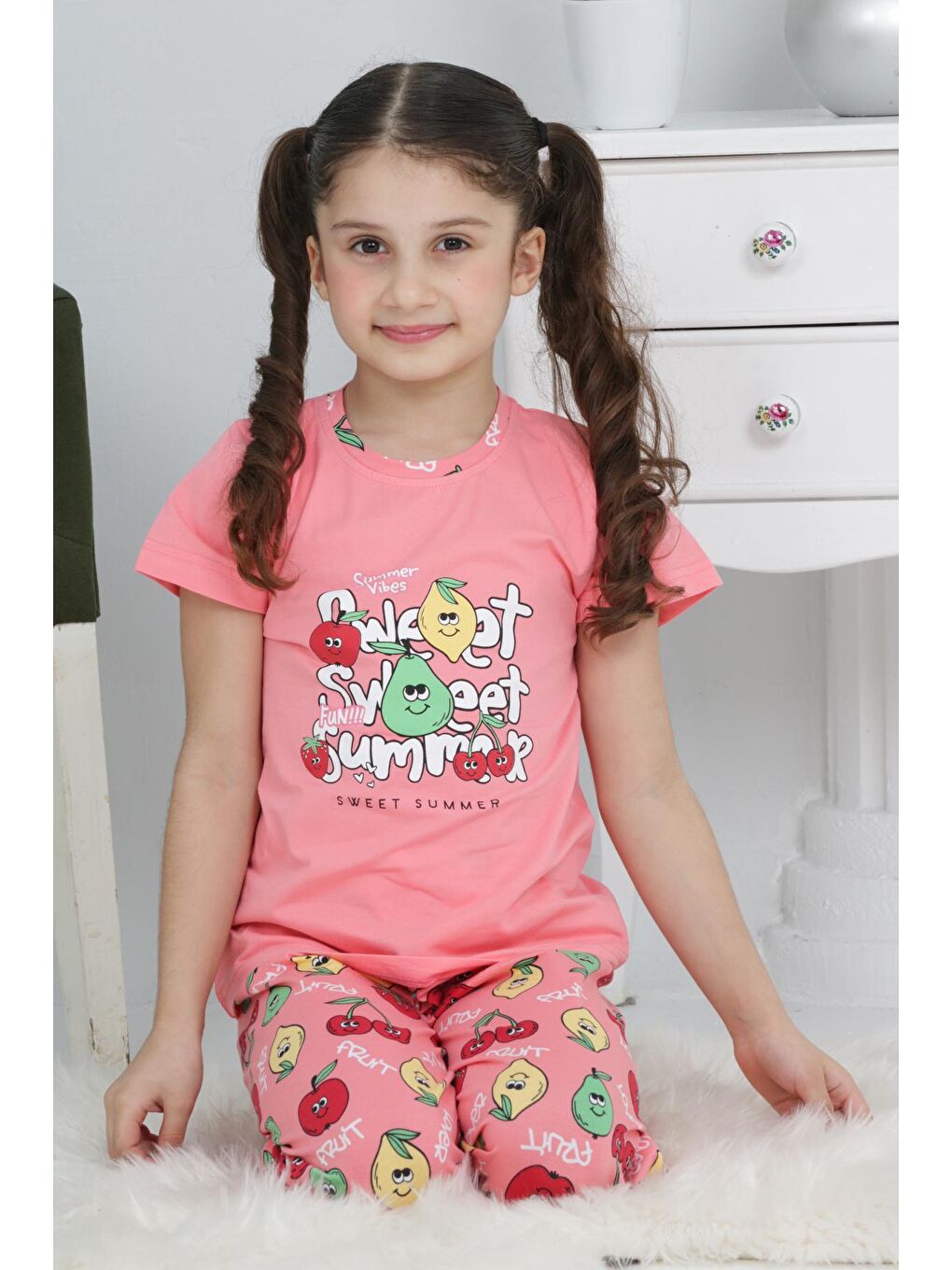 Kapi Kids Pembe-Somon Kız Çocuk Meyve Baskılı Pijama Takımı 3-11 Yaş 6073-74 - 2