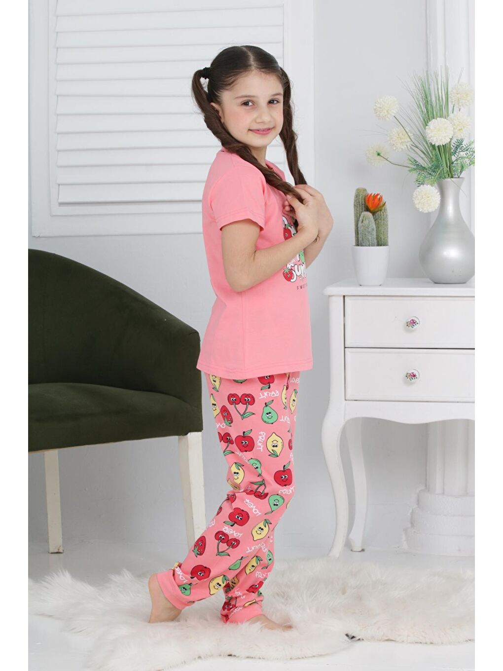 Kapi Kids Pembe-Somon Kız Çocuk Meyve Baskılı Pijama Takımı 3-11 Yaş 6073-74 - 3