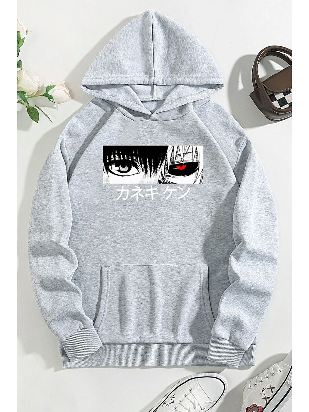 uyguntarz Gri Unisex Ken Kaneki Baskılı Kapüşonlu Sweatshirt