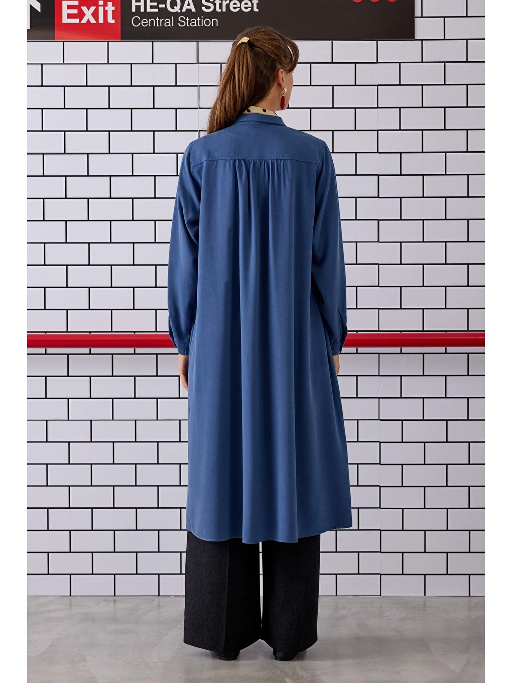 Omzu Büzgülü Gömlek Jean Mavi-4