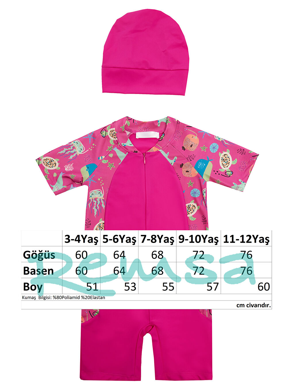 UV Korumalı Kısa Kollu Tulum Kız Bebek Çocuk Yüzücü Mayo 1910 Fuşya-2