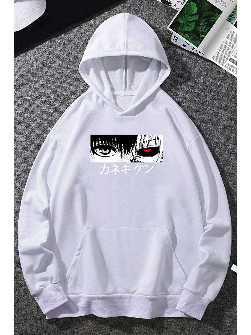 uyguntarz Beyaz Unisex Ken Kaneki Baskılı Kapüşonlu Sweatshirt