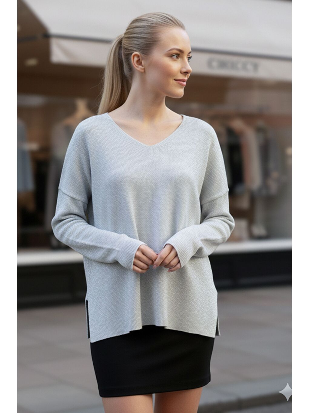 Gri Gümüş V Yaka Uzun Kol Yırtmaçlı Simli Casual Arkası Uzun Oversize Triko Kazak 70 75-1